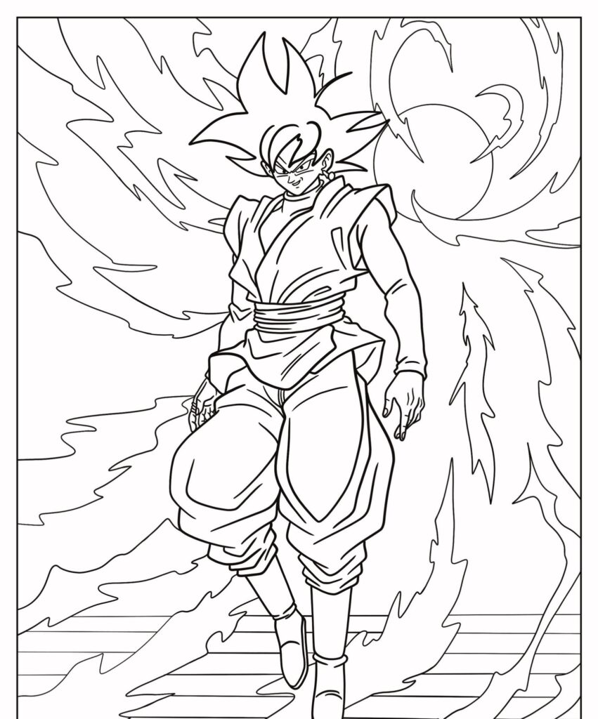 Um personagem com cabelo espetado e uma aura poderosa está confiante, cercado por uma energia rodopiante, que lembra Goku em um vibrante desenho para colorir. Para Desenhar.