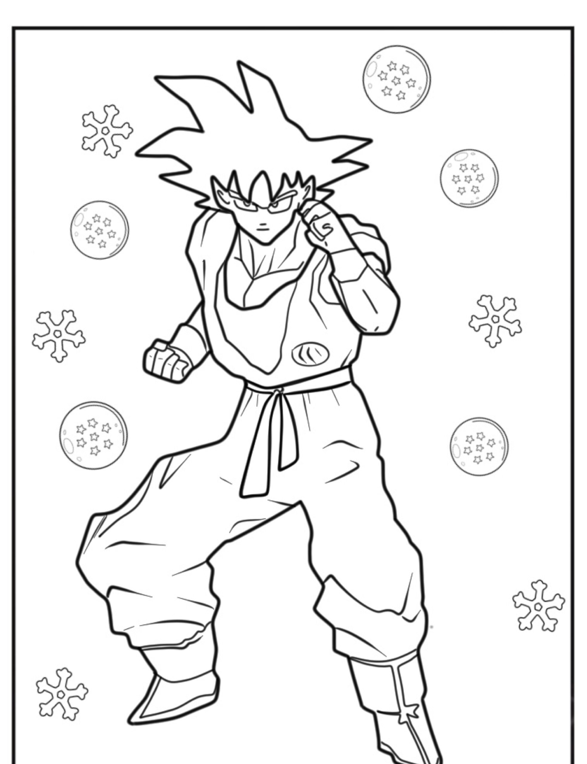 Desenho de um personagem em posição de luta com cabelo espetado, lembrando Goku, cercado por esferas do dragão e símbolos semelhantes a estrelas, perfeito para entusiastas de desenhos animados. Para Desenhar.