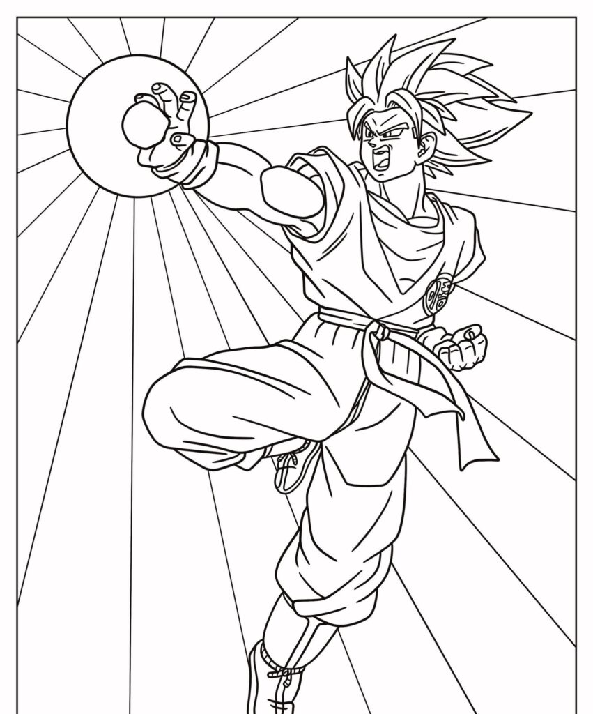 Personagem de anime em pose de ação, jogando uma bola de energia para frente com uma expressão determinada e linhas radiantes no fundo. A cena quase parece um Desenho de Goku, irradiando energia intensa e tons vibrantes que estão apenas esperando para serem Colorir. Para Desenhar.