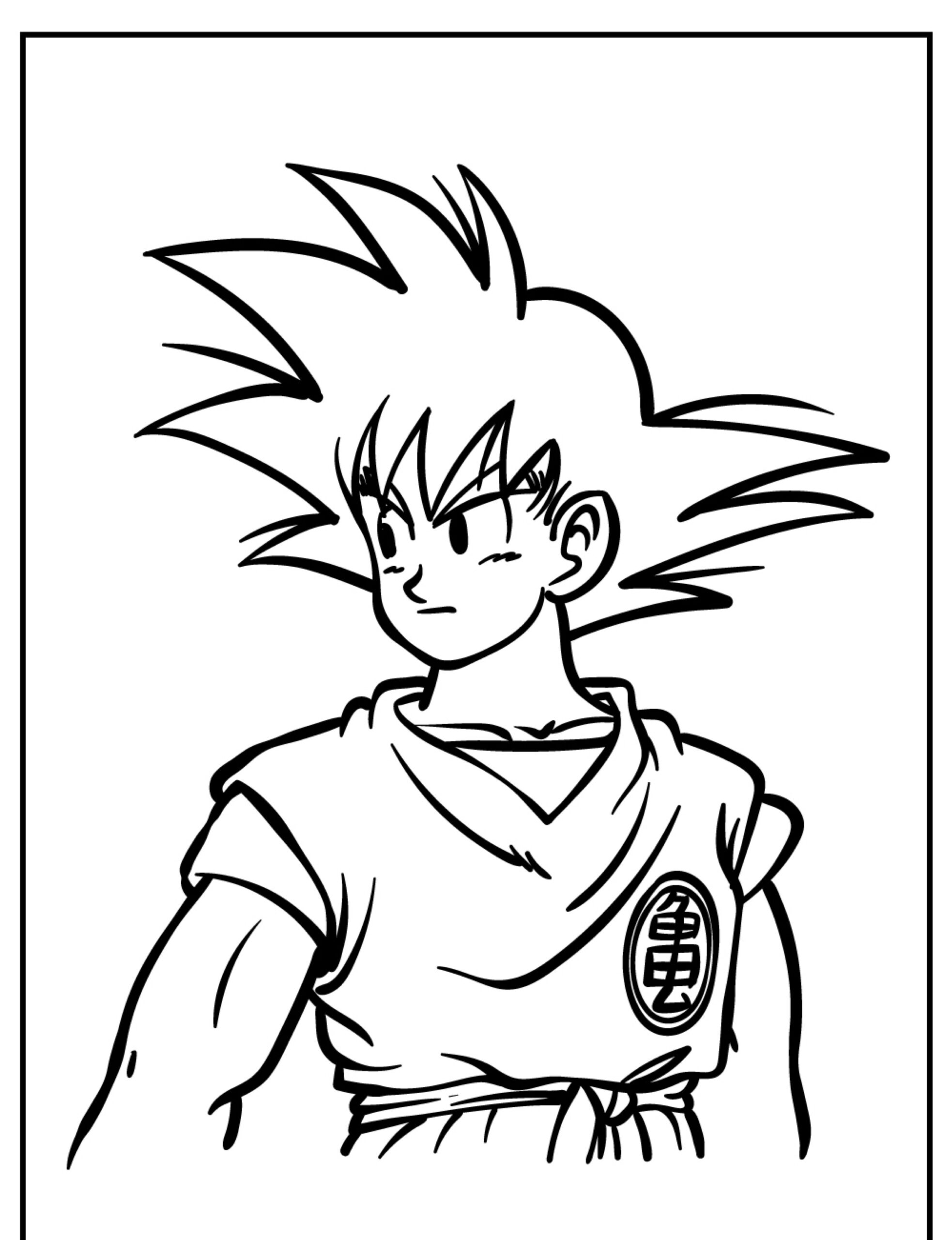 Desenho de linha do personagem de anime Goku com cabelo espetado, usando uma roupa de artes marciais com um símbolo no peito. Perfeito para colorir ou como uma atividade de desenho envolvente para fãs. Para Desenhar.