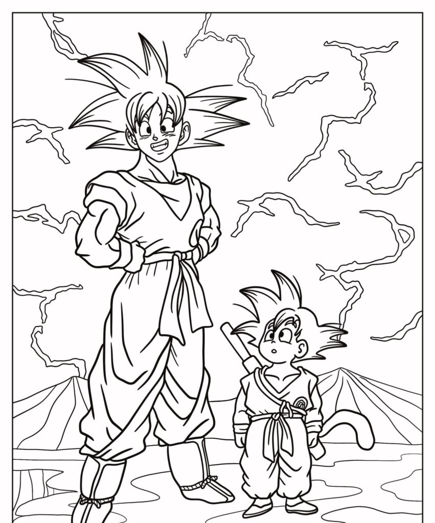 Dois personagens de anime com cabelos espetados estão juntos, sorrindo, em frente a montanhas e céus cheios de relâmpagos, lembrando um Desenho de Goku para colorir. Para Desenhar.