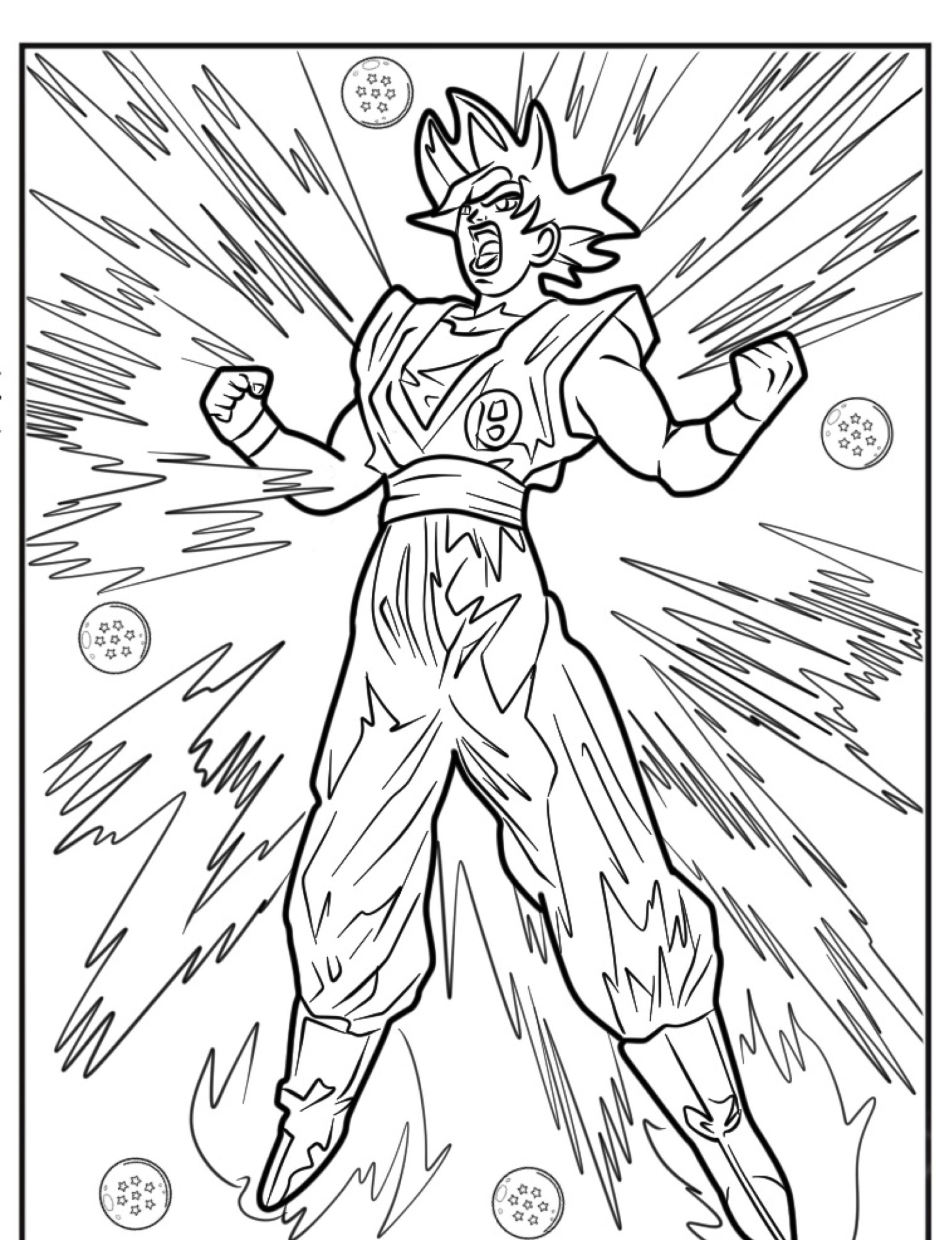 Um personagem poderoso com cabelo espetado e uma expressão intensa está com energia irradiando ao seu redor, perfeito para um desenho de Goku para colorir. Para Desenhar.