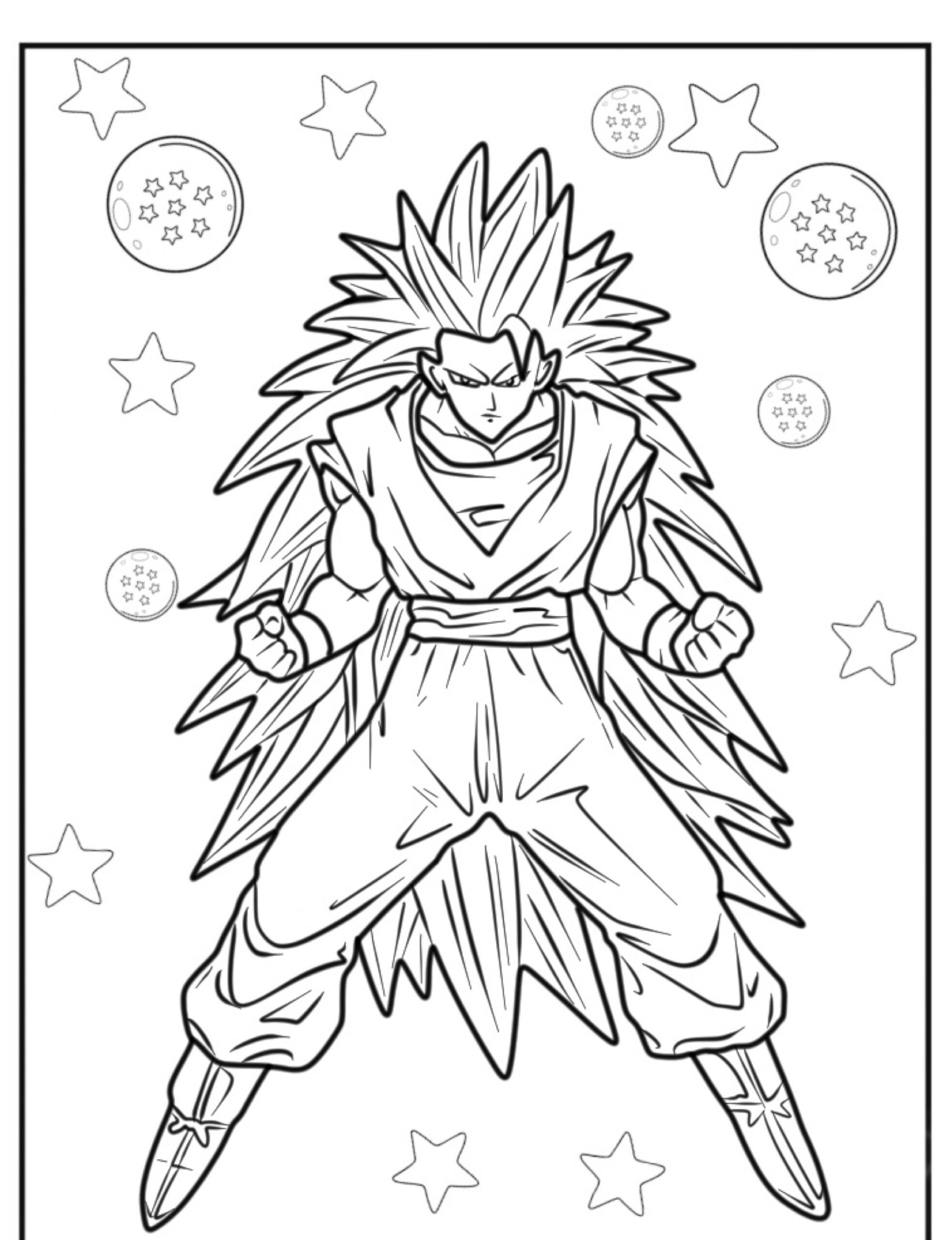 Um personagem de anime em uma postura cheia de energia, com cabelo espetado, que lembra Goku, com estrelas e esferas do dragão flutuando ao fundo. Para Desenhar.