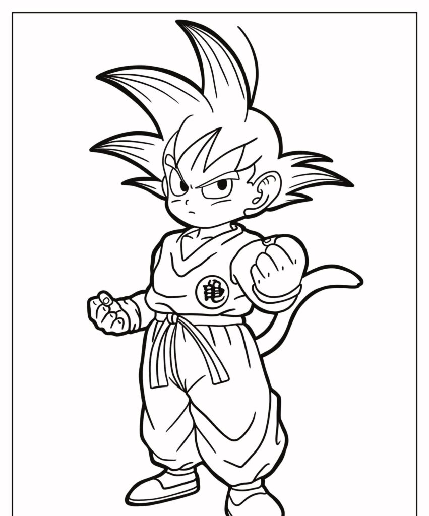 Desenho em preto e branco de um personagem de desenho animado em traje de artes marciais, com cabelo espetado, punhos cerrados e um rabo. Perfeita para colorir, esta ilustração captura o espírito de Goku pronto para a ação. Para Desenhar.