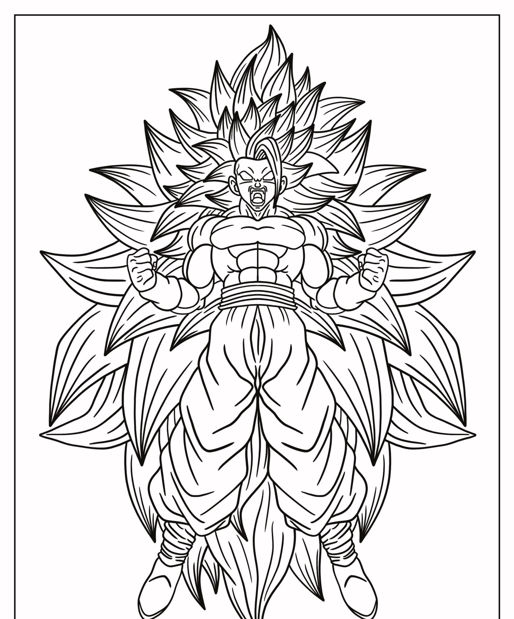 Um personagem com cabelo espetado e uma aura poderosa está com os punhos cerrados, pronto para a batalha neste desenho de Goku para colorir. Para Desenhar.