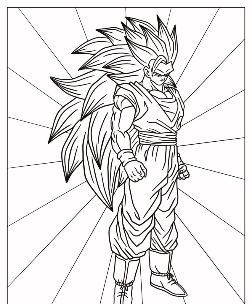 Um desenho detalhado de Goku, um personagem de anime musculoso com cabelo espetado, vestindo uma roupa de artes marciais e em pé confiantemente. Perfeito para quem quer colorir este desenho icônico. Para Desenhar.