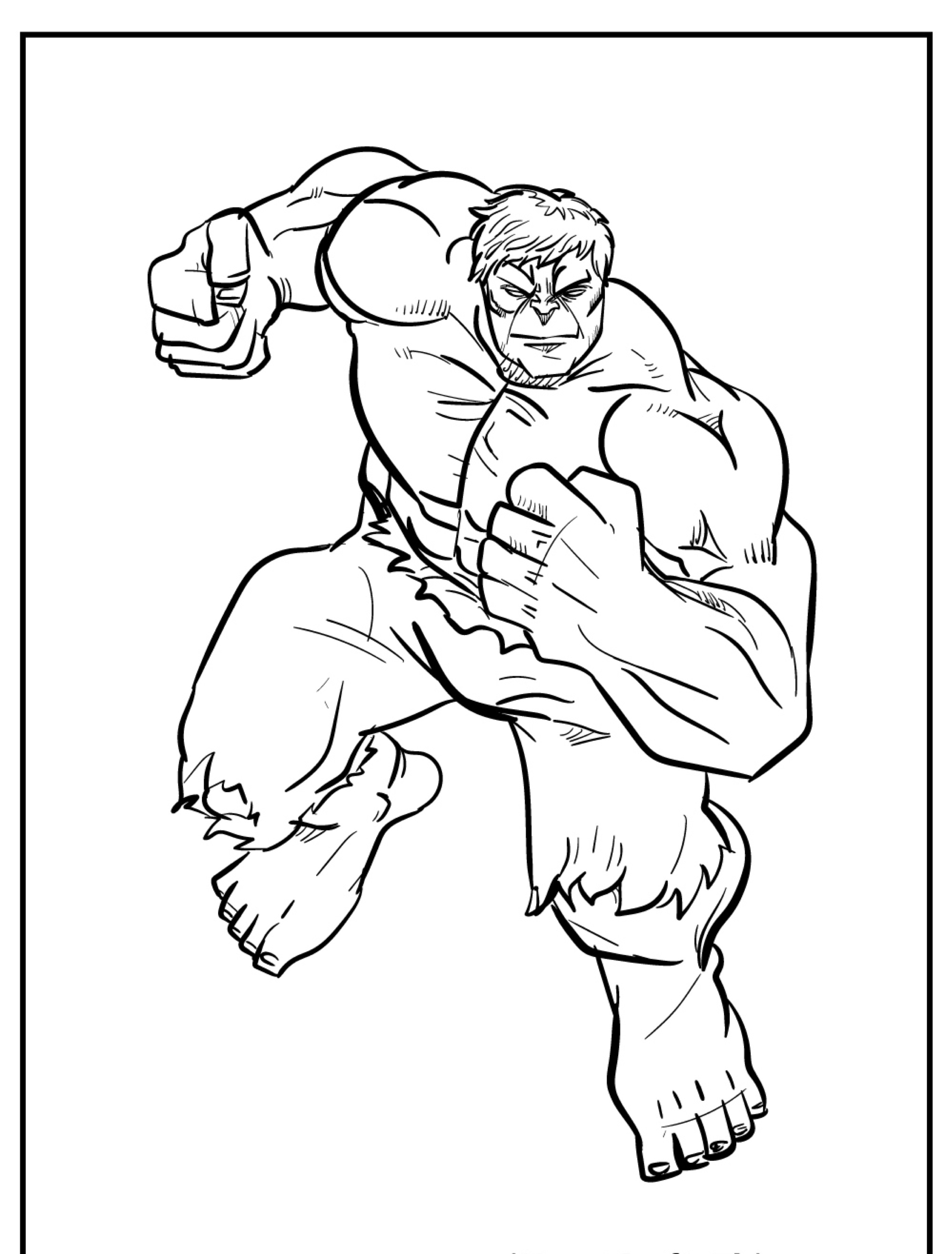 Desenho de um Hulk musculoso em calças esfarrapadas, no meio do salto com o punho fechado, pronto para atacar. Ideal para entusiastas de colorir ou qualquer um que ame um desenho poderoso.