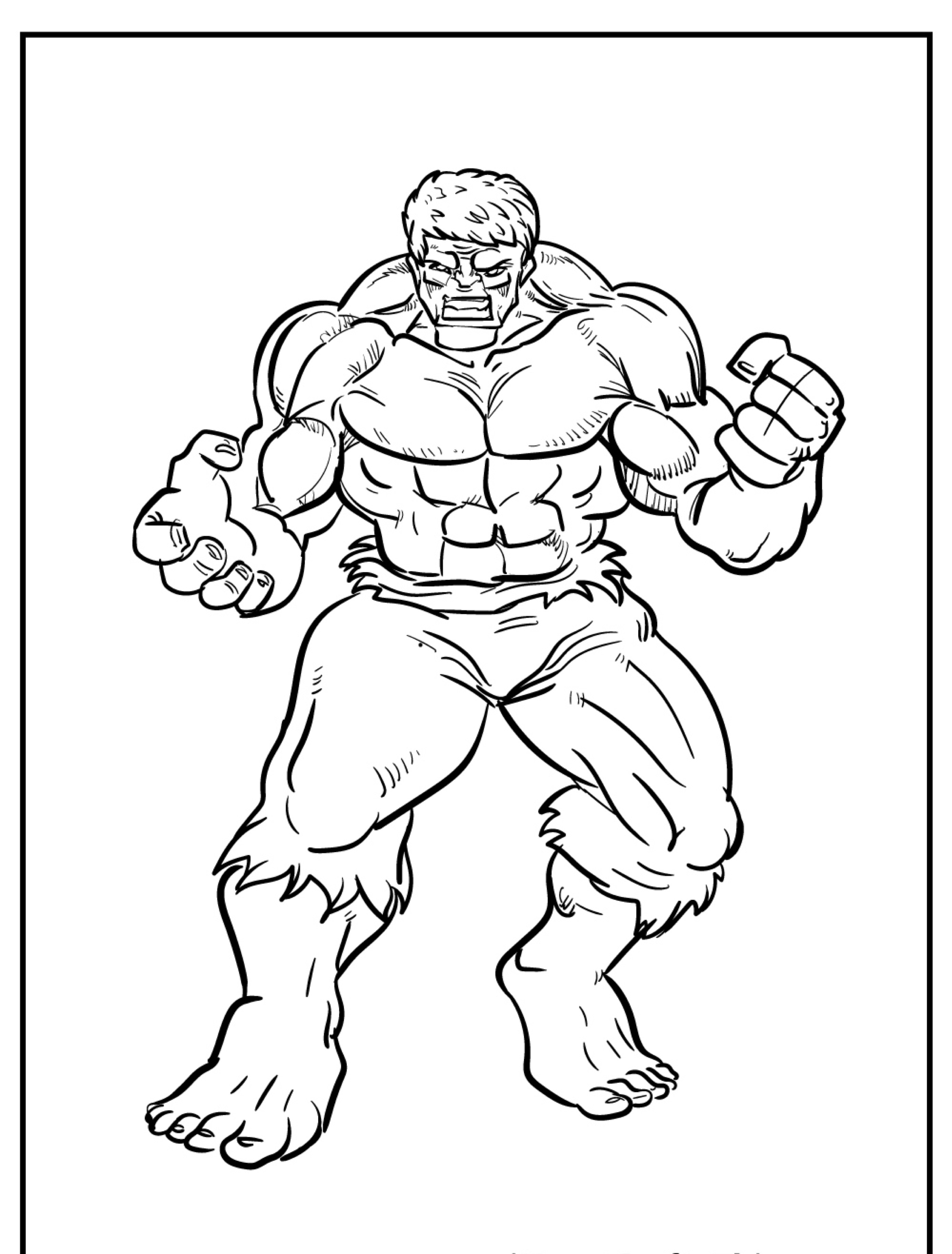 Personagem de desenho animado musculoso com calças rasgadas, punhos cerrados e expressão de raiva em um desenho de linha em preto e branco, lembrando o Hulk. Desenho perfeito para crianças colorirem.