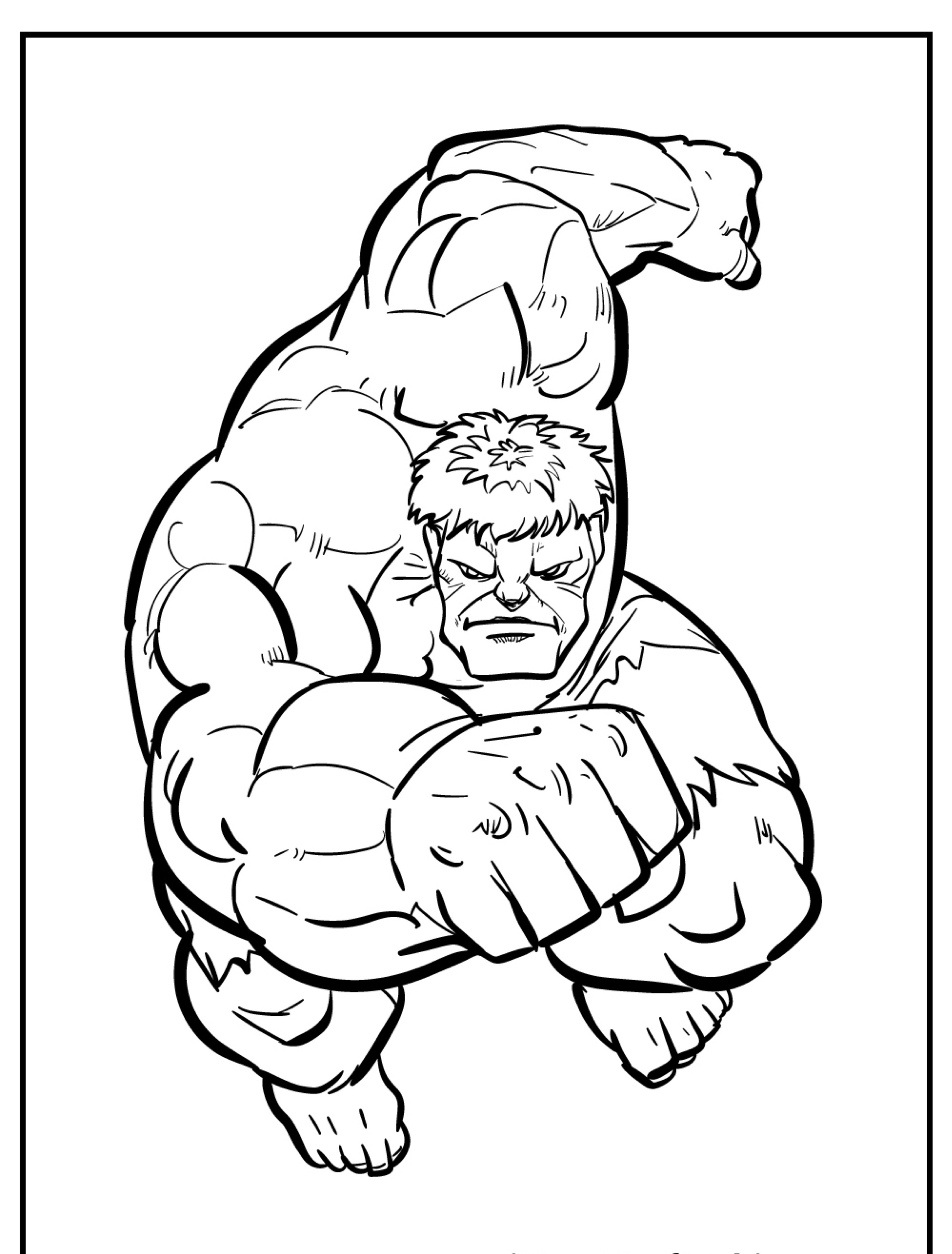 Desenho de um super-herói musculoso com uma expressão severa, mostrado em uma pose dinâmica e cheia de ação. Perfeito como um desenho para colorir para fãs de personagens fortes como o Hulk.