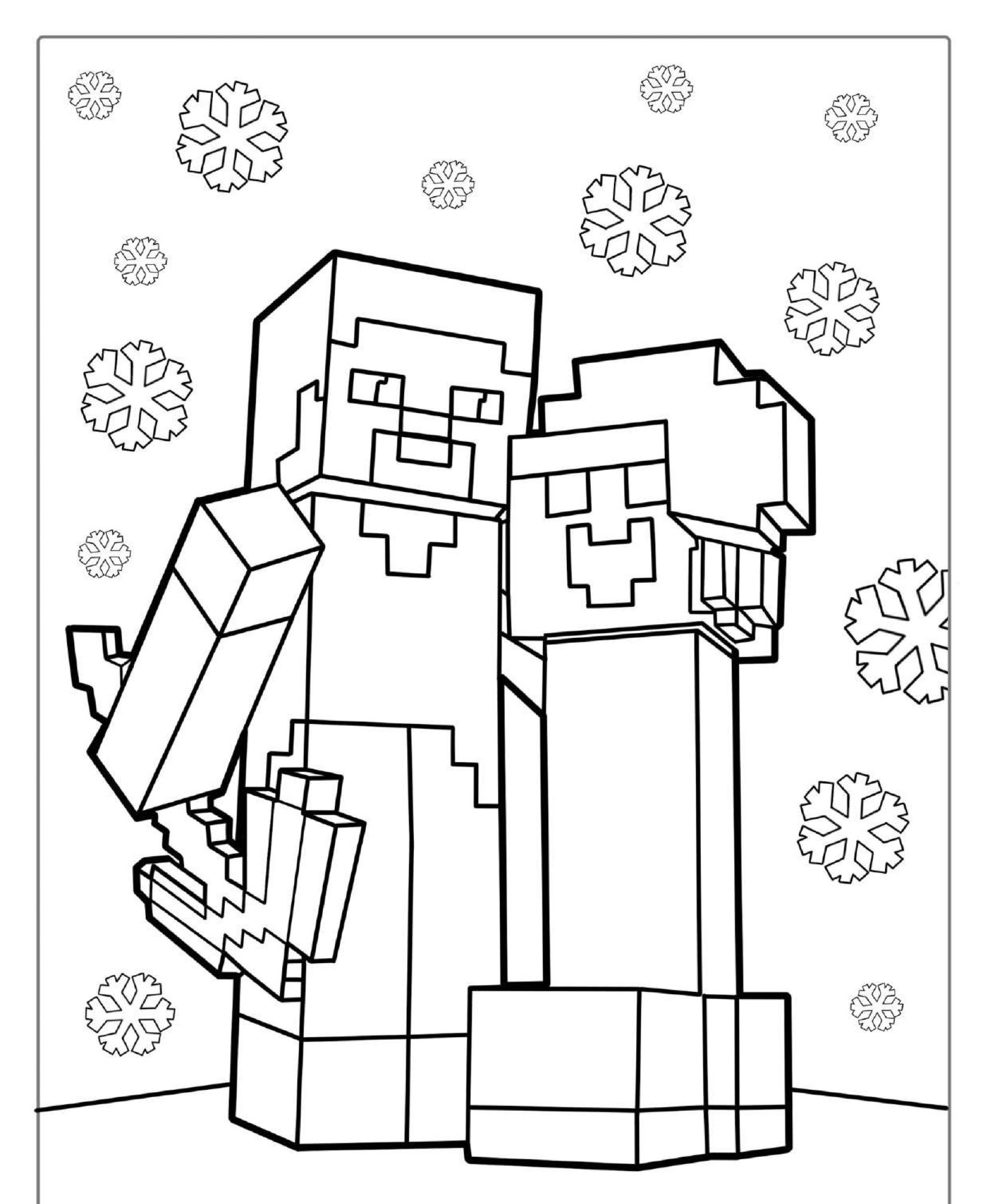 Dois personagens do Minecraft juntos com flocos de neve caindo ao fundo, prontos para serem coloridos no seu próximo projeto de desenho. Para Colorir.