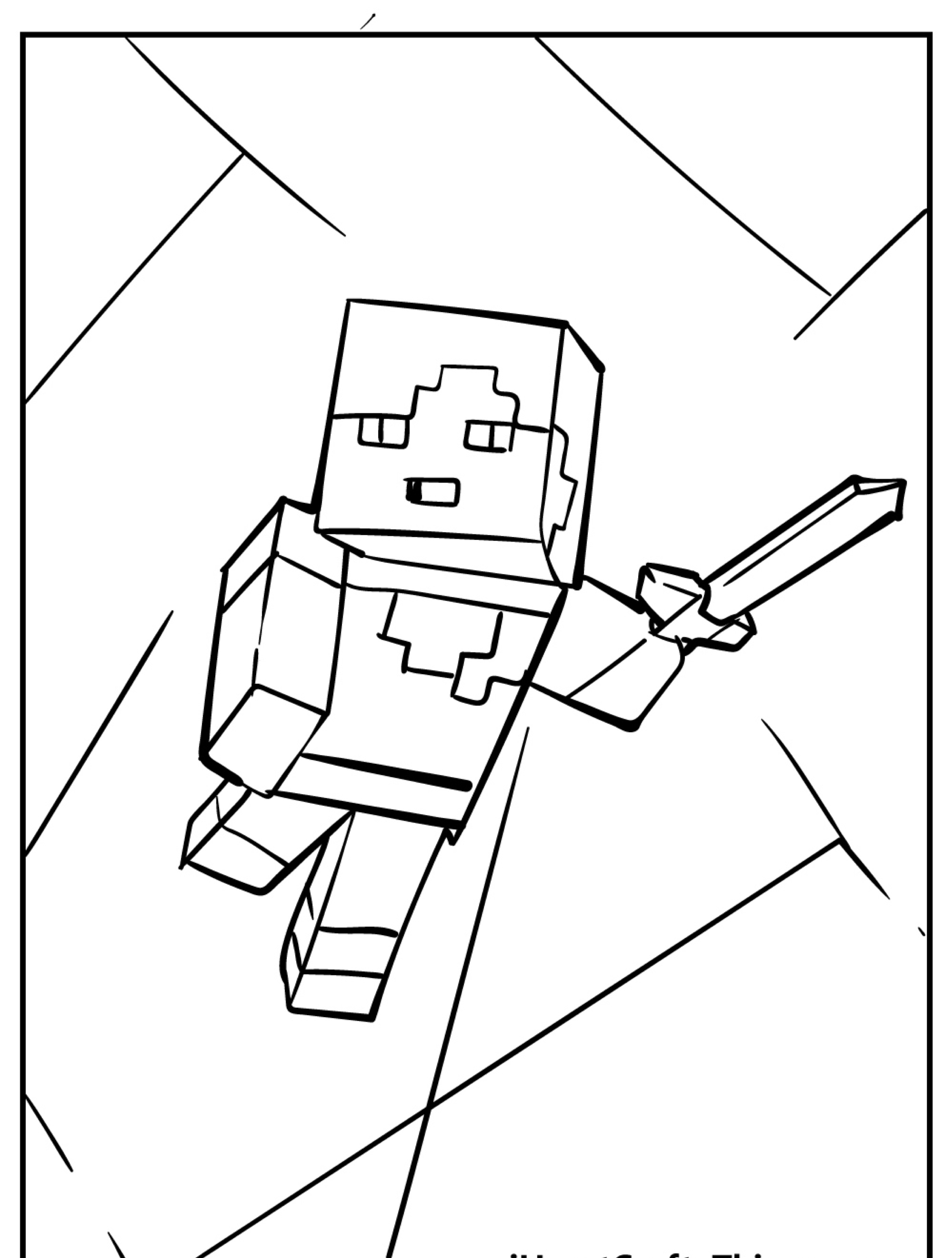 Um desenho do Minecraft apresentando um personagem segurando uma espada, pronto para uma aventura, retratado em uma página de colorir em preto e branco. Para Colorir.