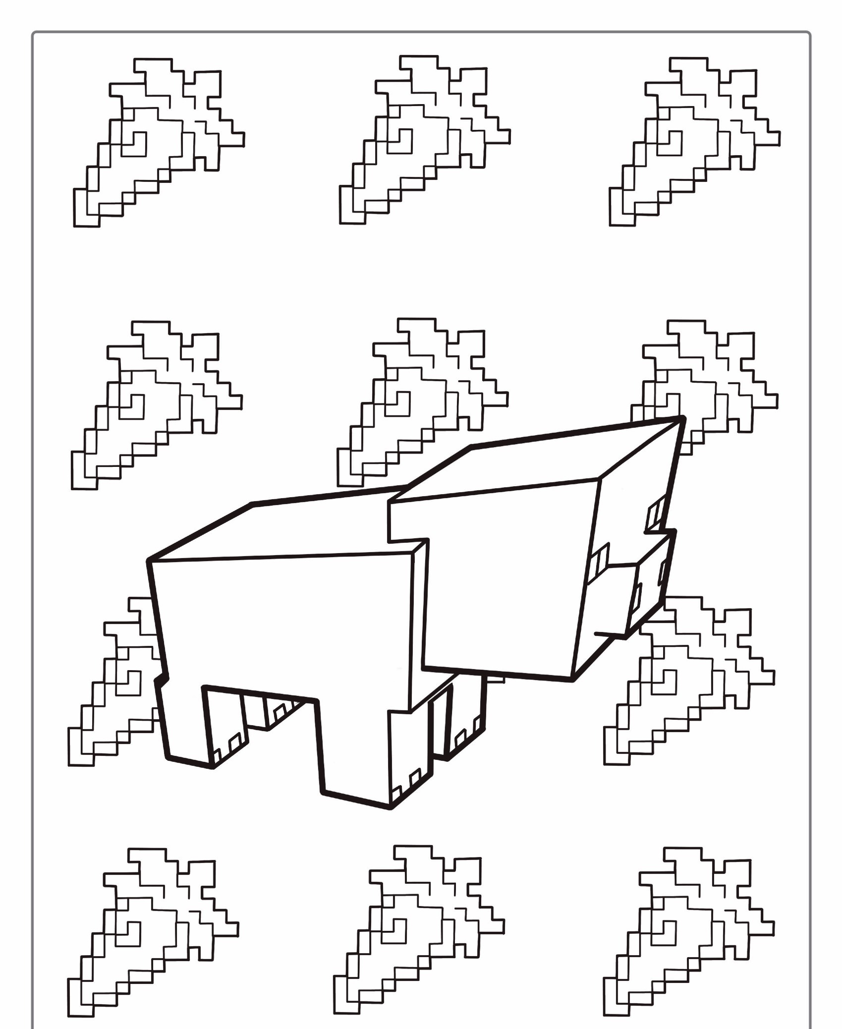 Desenho de um porco pixelado cercado por ícones de cenoura pixelados em um fundo branco, lembrando uma cena do Minecraft. Para Colorir.