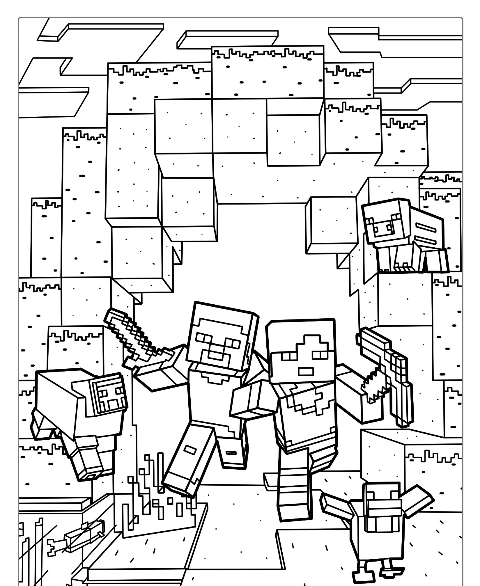 Personagens pixelados com espadas e escudos em um cenário semelhante ao Minecraft, em frente a uma estrutura semelhante a um portal, parecem prontos para uma aventura que lembra o desenho artístico. Para Colorir.