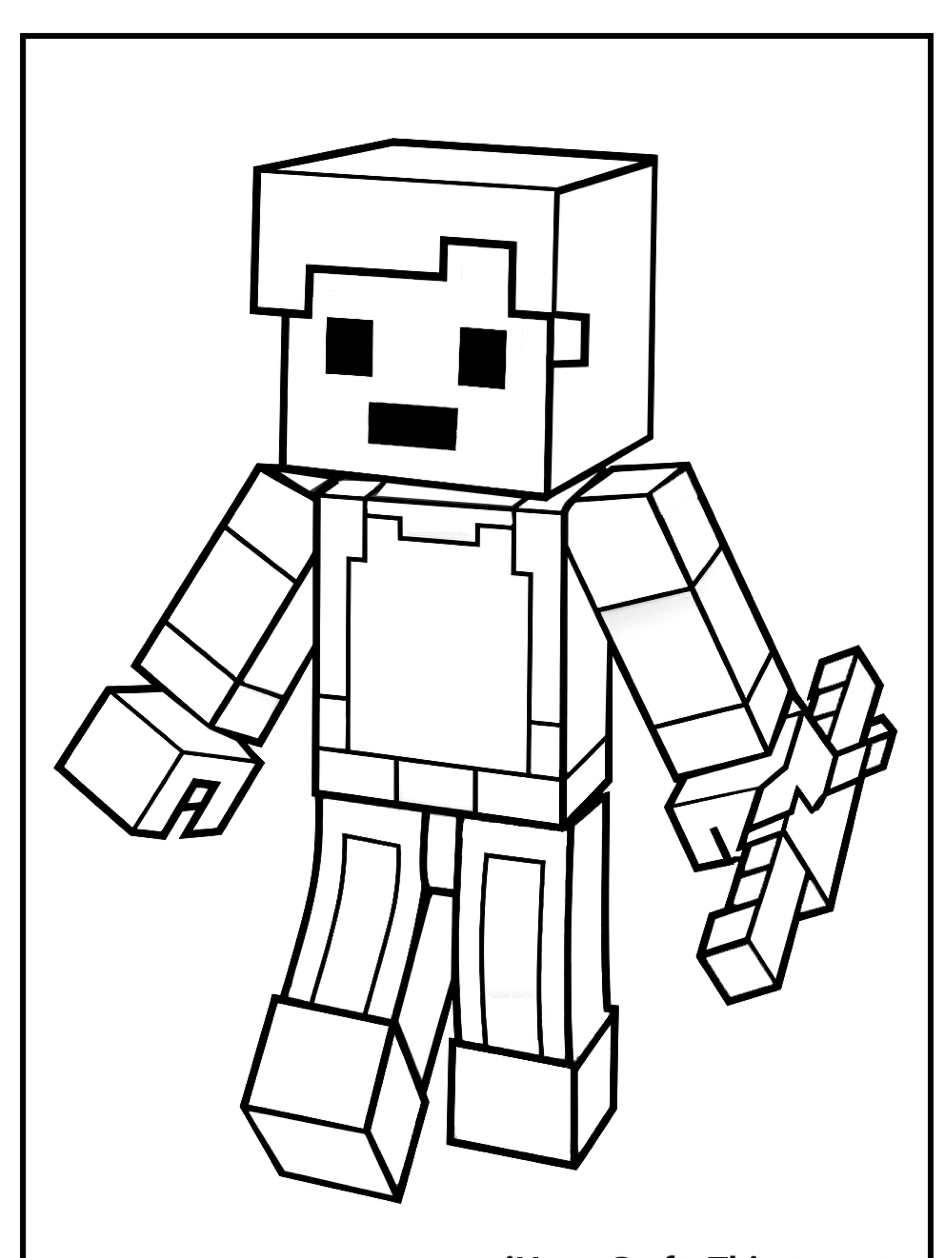 Um personagem em blocos do Minecraft segurando uma espada em um desenho em preto e branco, perfeito para aqueles que gostam de colorir e dar seu próprio toque ao desenho. Para Colorir.