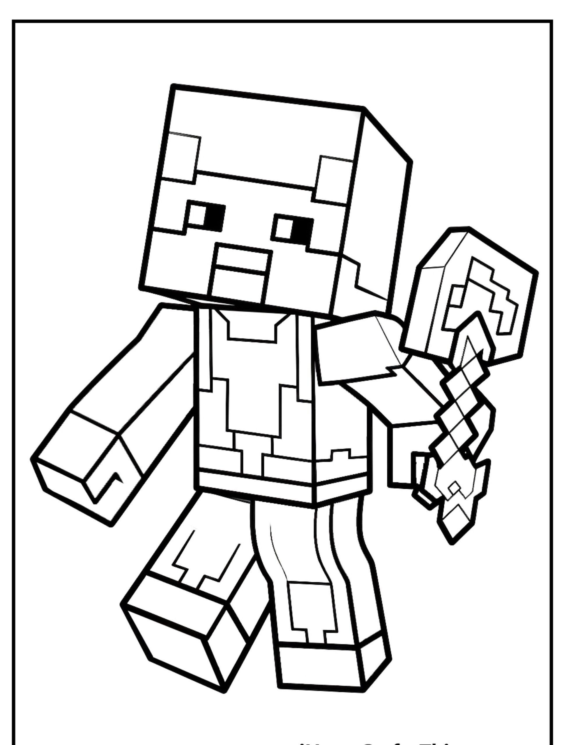 Um desenho em preto e branco de um personagem do Minecraft segurando um machado pixelado, perfeito para colorir. Para Colorir.