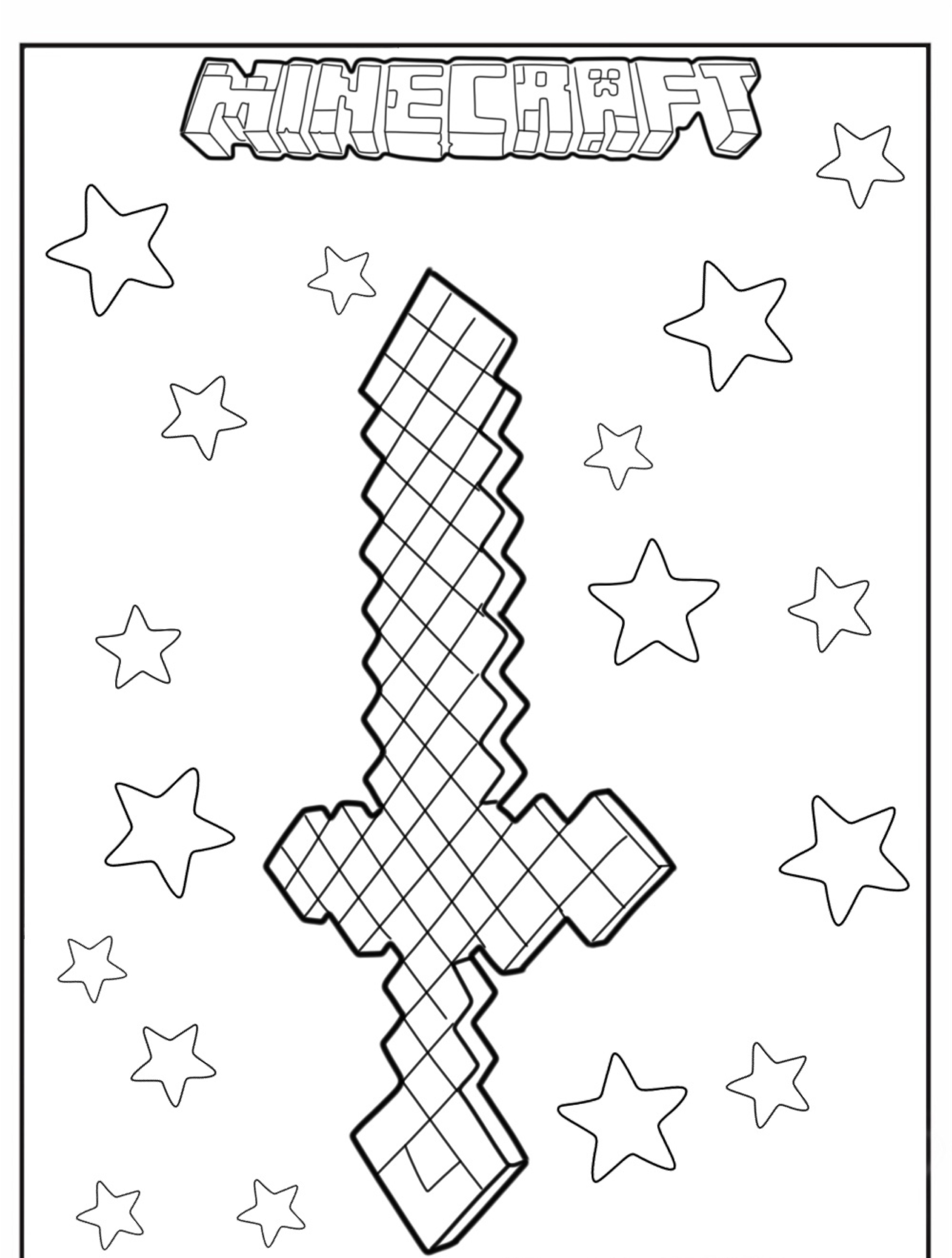 Uma espada pixelada com estrelas e a palavra "Minecraft" acima, perfeita para um desenho colorido. Para Colorir.