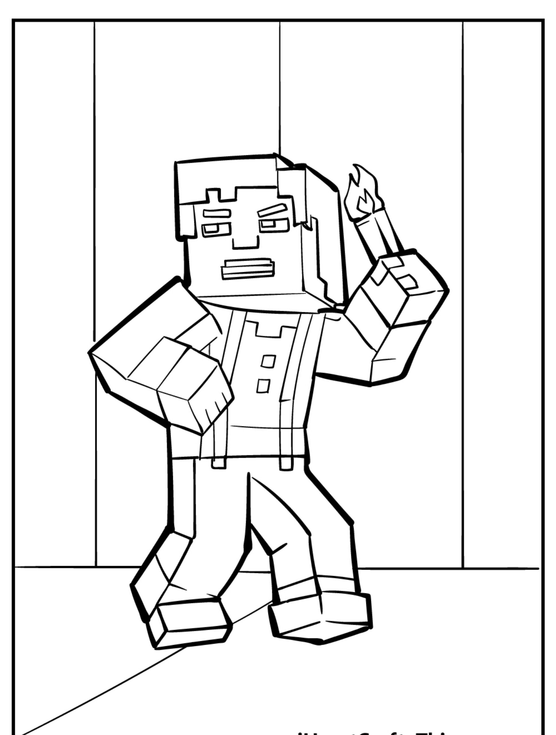 Um personagem do Minecraft segura uma tocha enquanto está em um ambiente fechado, vestindo uma camisa e suspensórios, com uma expressão séria. Este desenho para colorir captura o visual icônico do jogo perfeitamente. Para Colorir.