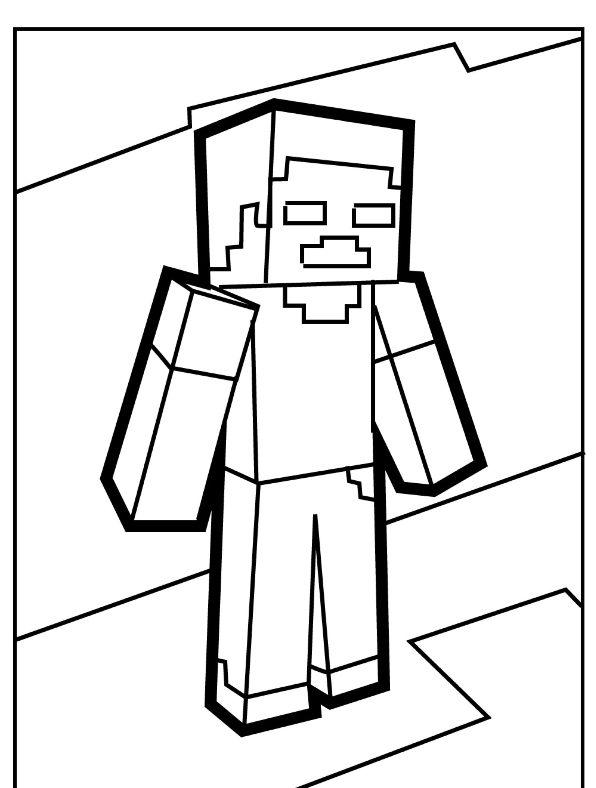 Colorir este desenho do Minecraft com a figura de um personagem em preto e branco, situado em um ambiente bloqueado. Para Colorir.