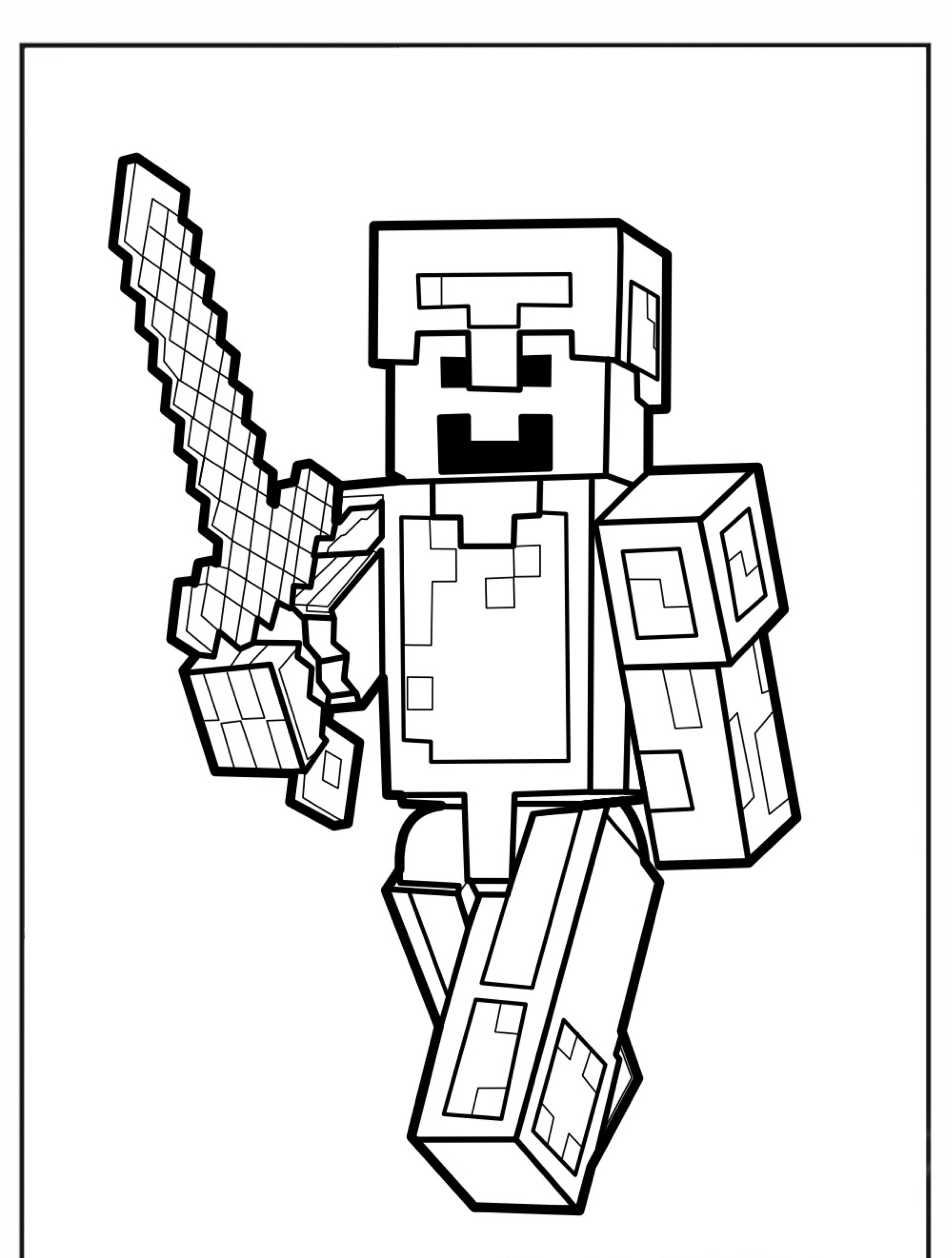 Um personagem do Minecraft empunhando uma espada pixelada e vestindo uma armadura em um desenho de contorno em preto e branco, perfeito como um desenho para colorir. Para Colorir.