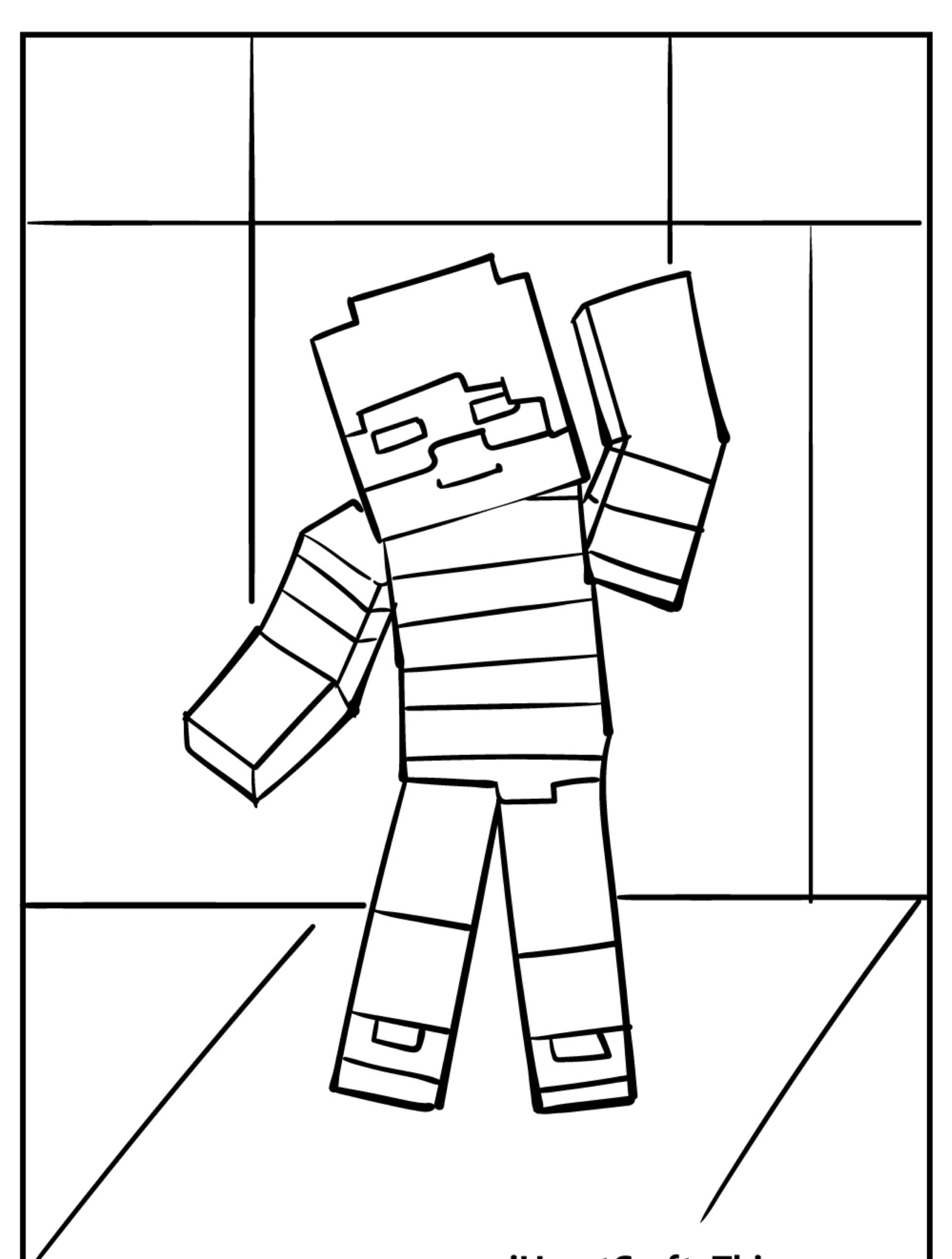 Contorno em preto e branco de um personagem do Minecraft parado em uma sala, acenando com a mão direita, perfeito para colorir. Para Colorir.