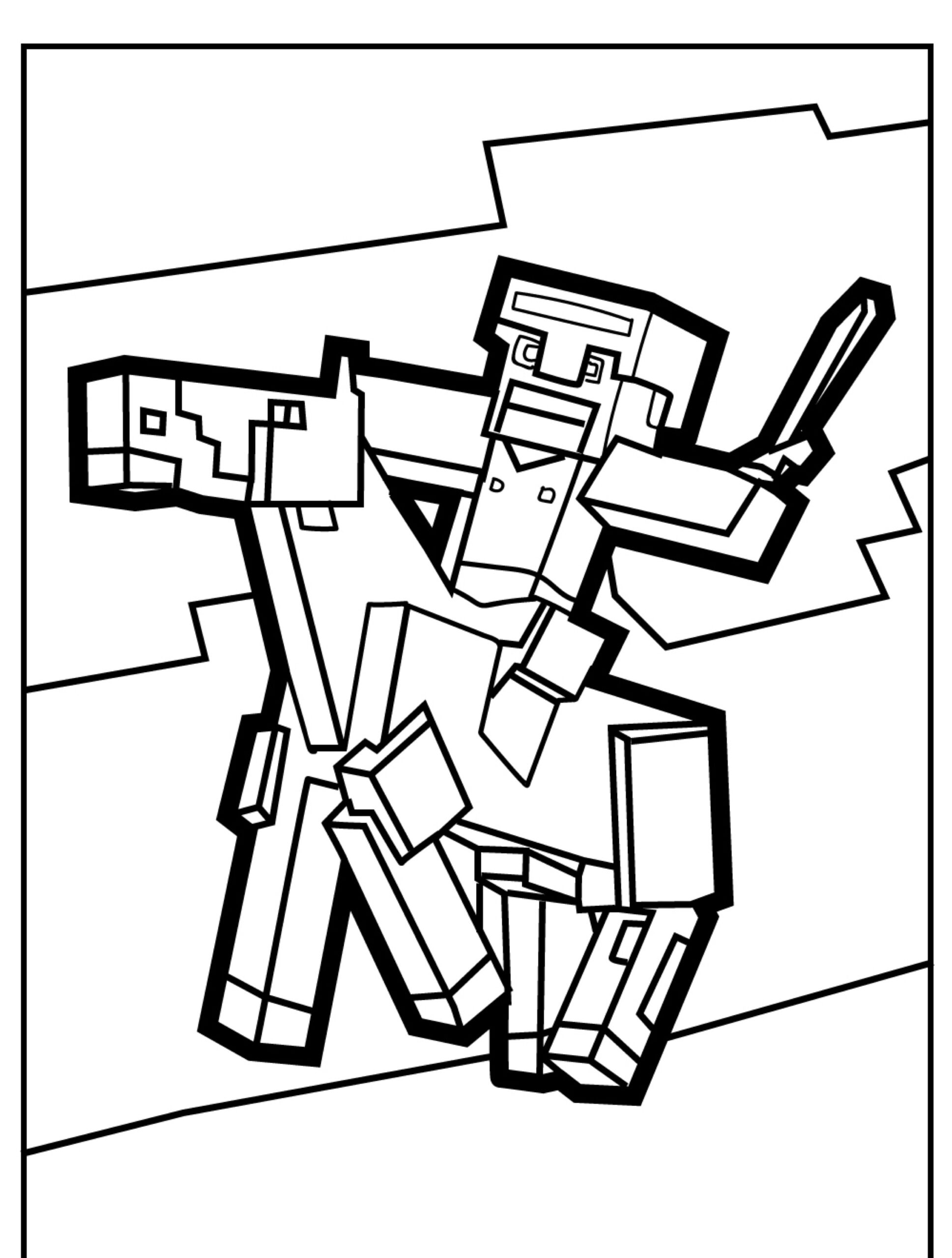 Um personagem quadrado montado em um cavalo quadrado com uma espada erguida em um estilo de arte pixelado, semelhante ao Minecraft, ideal para qualquer desenho do Minecraft para colorir. Para Colorir.