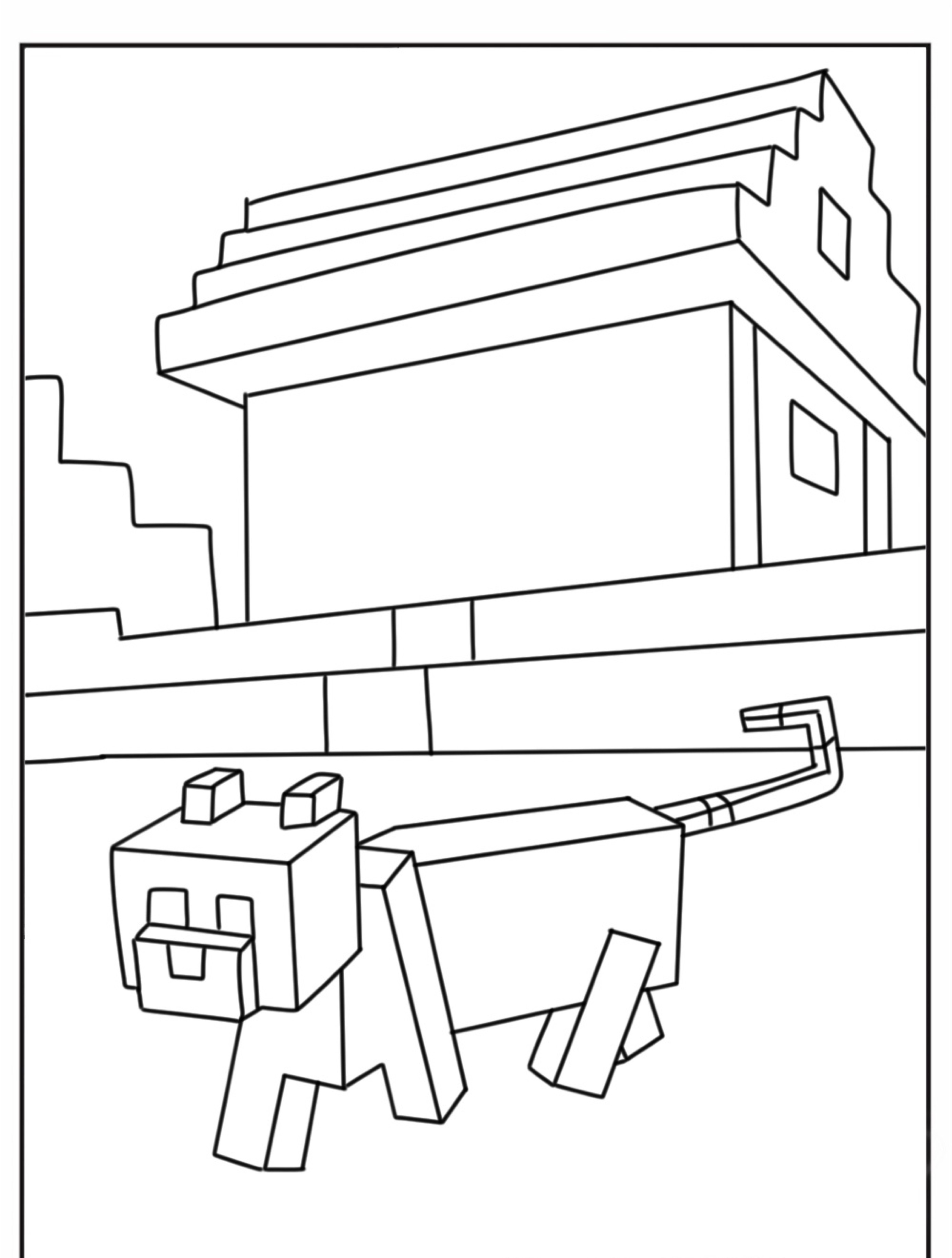 Um desenho no estilo Minecraft de um gato em frente a uma casa de blocos, perfeito para quem gosta de colorir e dar vida à pixel art. Para Colorir.