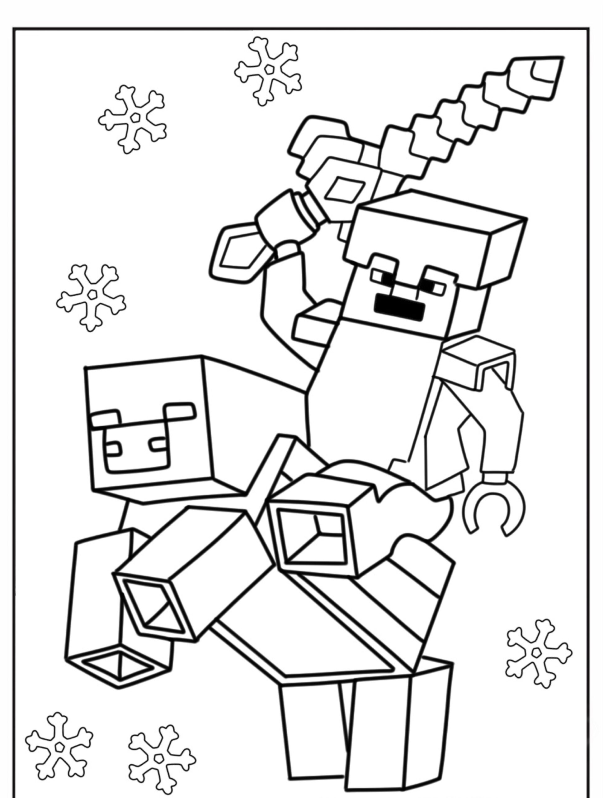 Personagem do Minecraft montado em um porco, segurando uma espada e com flocos de neve ao redor em uma página de Colorir Desenho. Para Colorir.