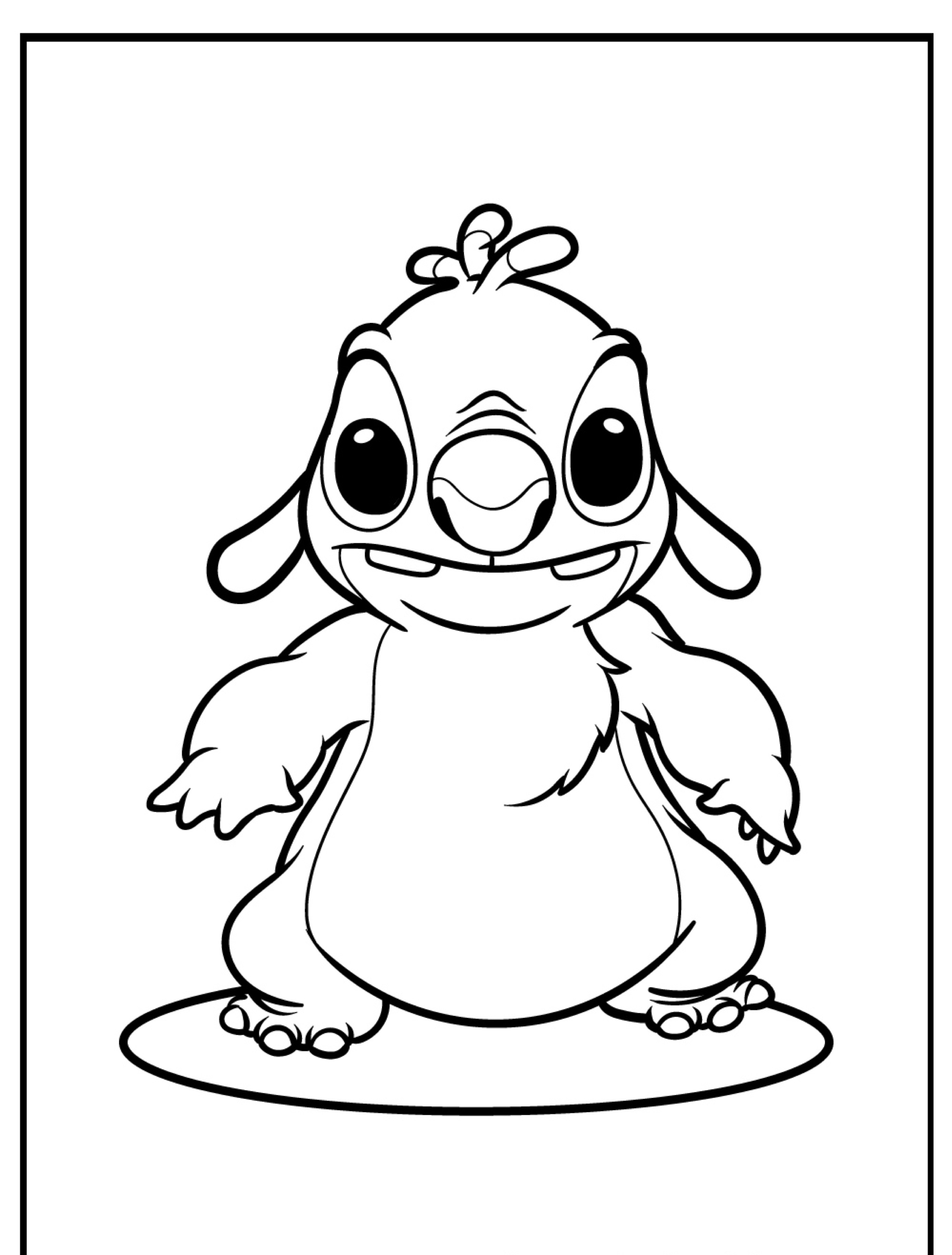 Uma página para colorir de um personagem alienígena de desenho animado semelhante ao Stitch, com olhos grandes, corpo redondo e quatro braços, em pé sobre uma superfície plana. Perfeito para quem ama desenho para colorir!