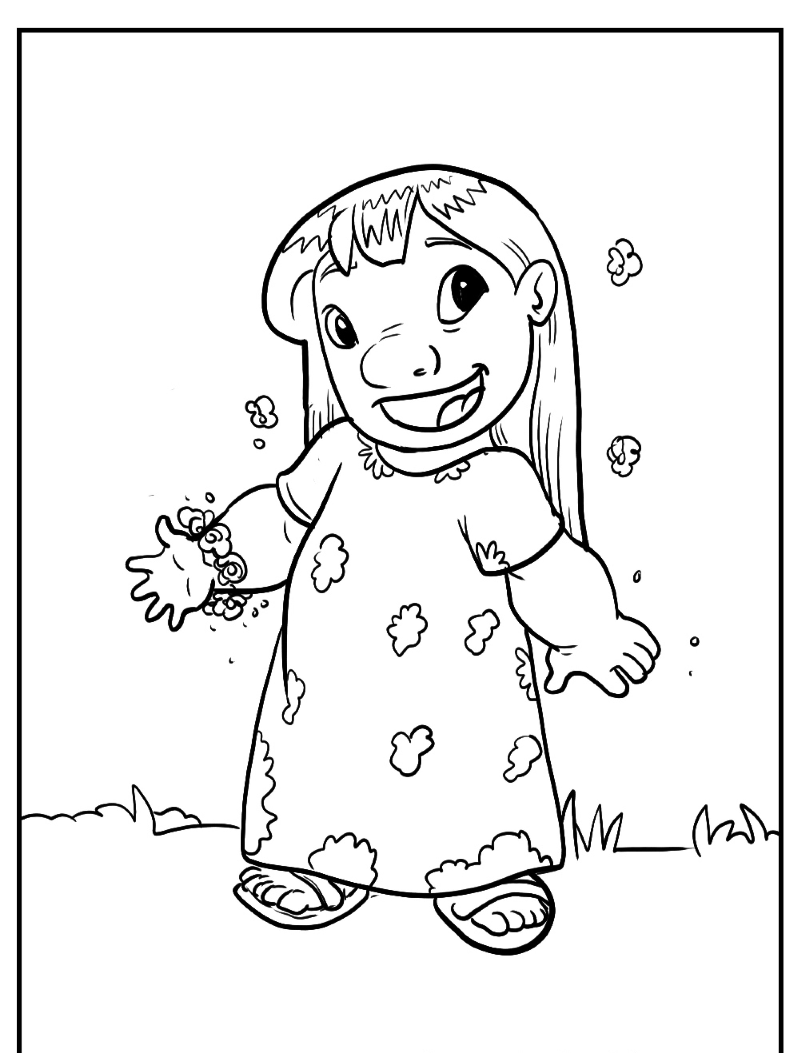 Uma jovem garota com um vestido floral e cabelos lisos está sorrindo e acenando em um desenho de arte linear, perfeito para colorir e adicionar à sua coleção de desenhos.