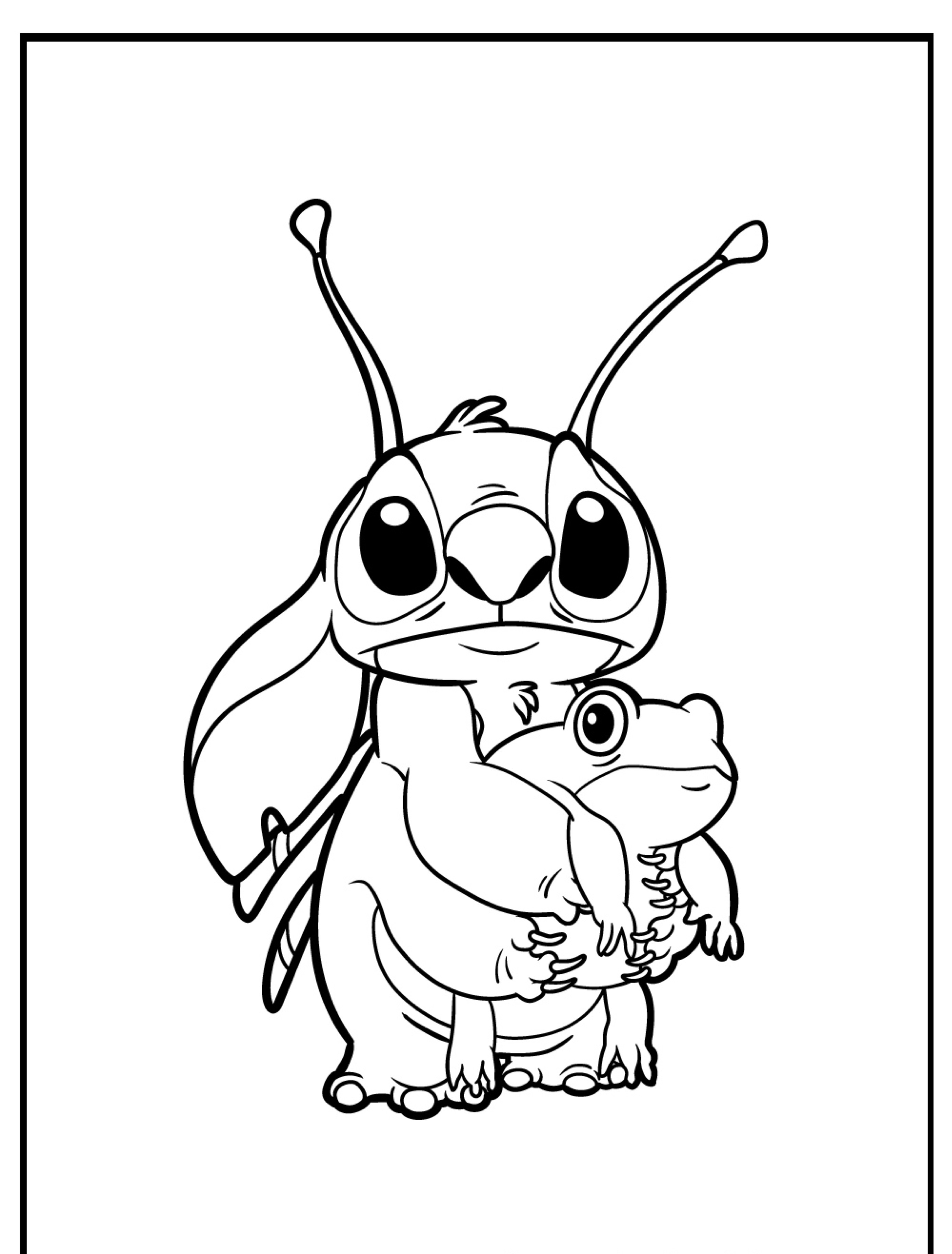 Alienígena de desenho animado parecido com Stitch, abraçando um personagem parecido com um sapo, emoldurado por uma borda simples. Ideal para colorir e criar desenhos únicos.