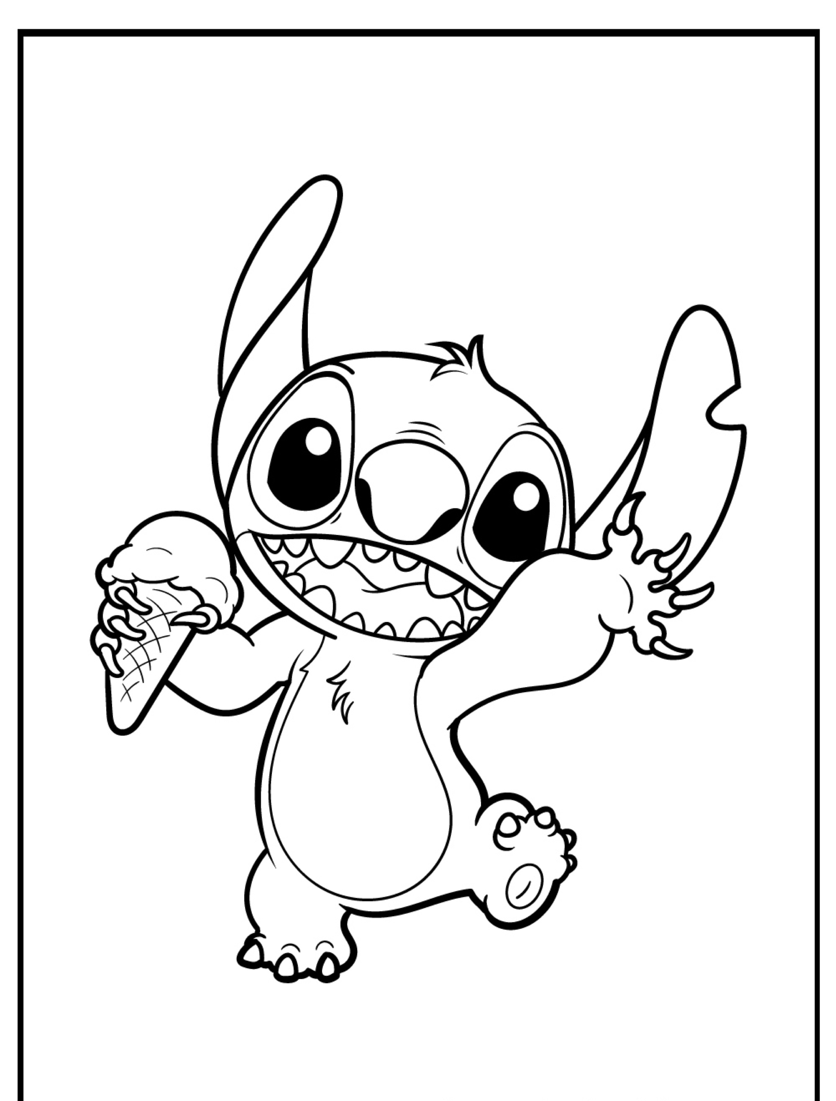 Uma criatura fofa de desenho animado, parecida com Stitch, segurando uma casquinha de sorvete enquanto acena alegremente, perfeita para desenho para colorir.