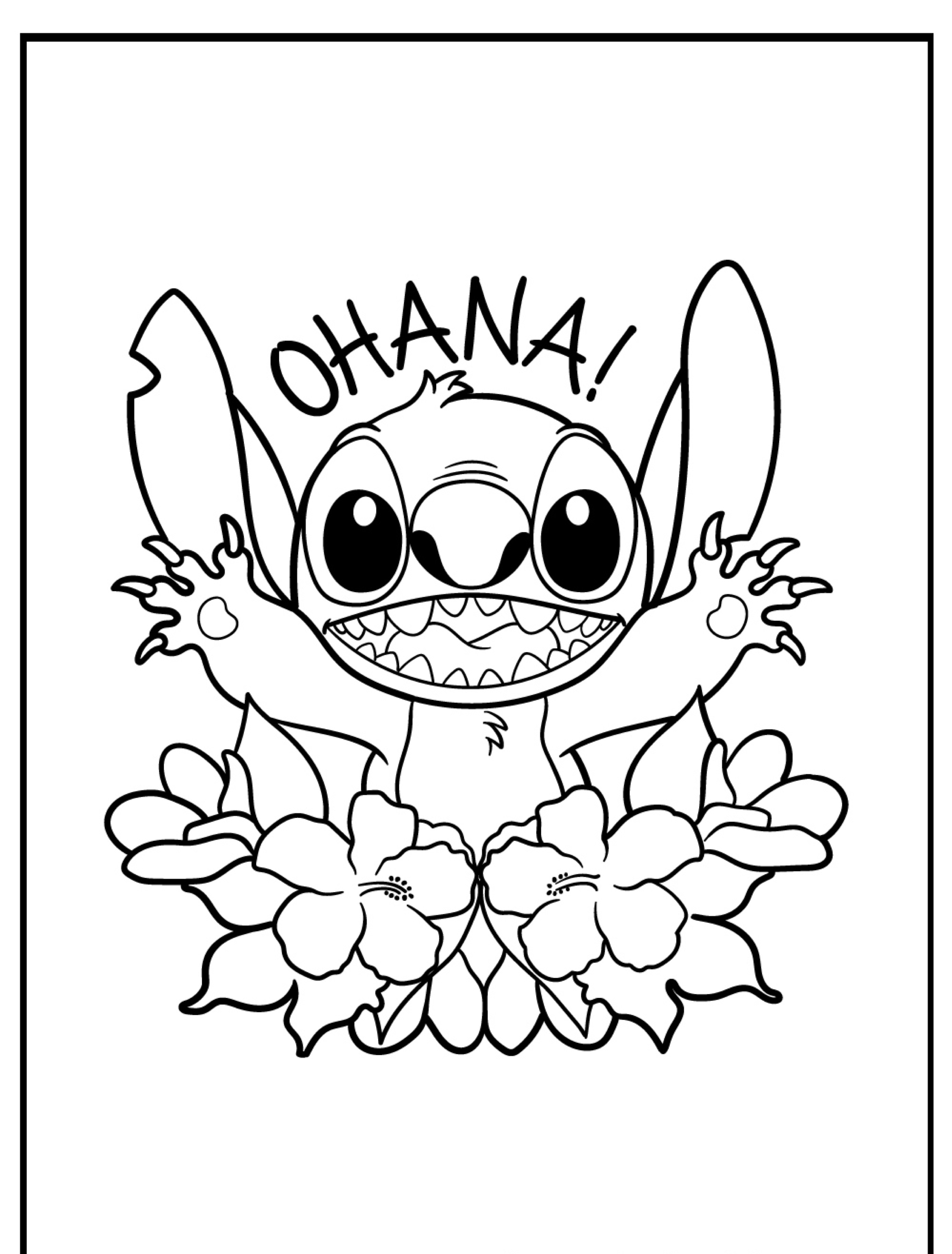 Uma alegre criatura de desenho animado está de braços abertos e olhos arregalados, cercada por flores e a palavra "OHANA!" no alto, lembrando o Stitch para colorir das populares coleções de desenhos para colorir.