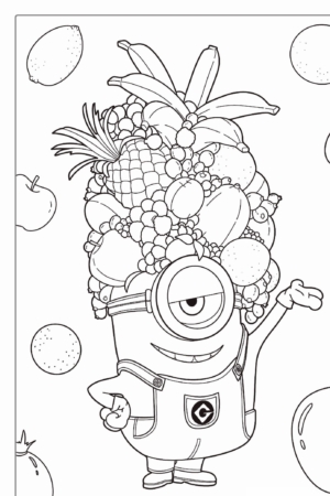 Um personagem de desenho animado com um chapéu de frutas e um olho está cercado por frutas como maçãs e bananas, parecendo ter saído diretamente de um desenho para colorir dos Minions. Para colorir.