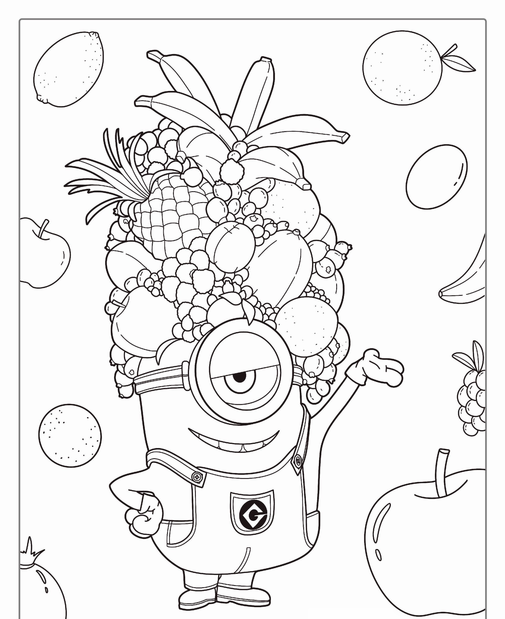 Um personagem de desenho animado com um chapéu de frutas e um olho está cercado por frutas como maçãs e bananas, parecendo ter saído diretamente de um desenho para colorir dos Minions. Para colorir.