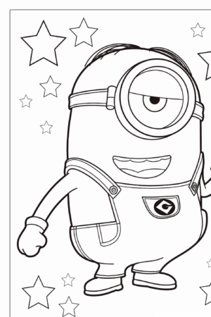 Um Minion de um olho só, com macacão e luvas, levantando um braço, cercado por estrelas, no estilo Desenho Para Colorir. Para colorir.