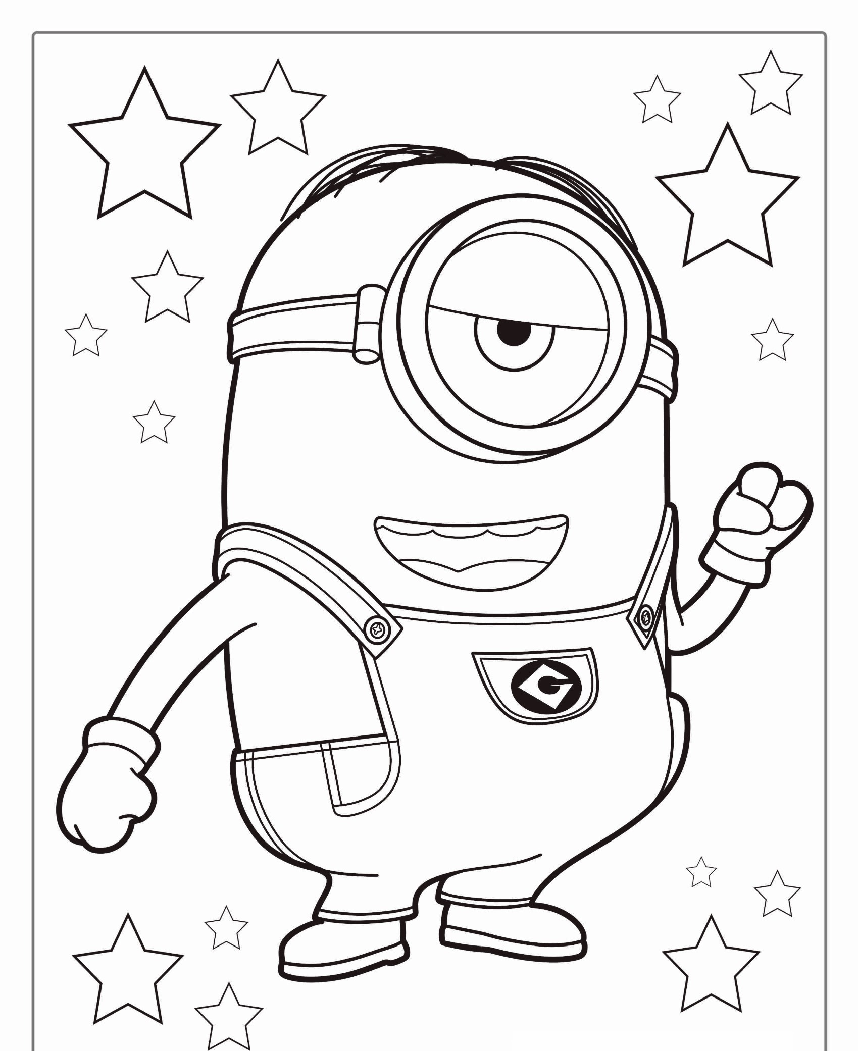 Um Minion de um olho só, com macacão e luvas, levantando um braço, cercado por estrelas, no estilo Desenho Para Colorir. Para colorir.