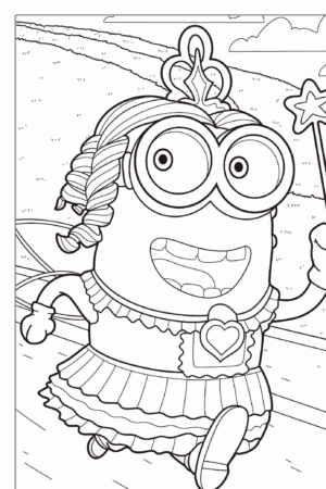 Uma personagem de desenho animado vestida como uma princesa das fadas segura uma varinha de condão enquanto corre em uma estrada com colinas ao fundo, lembrando as aventuras do Desenho Minions. Para colorir.