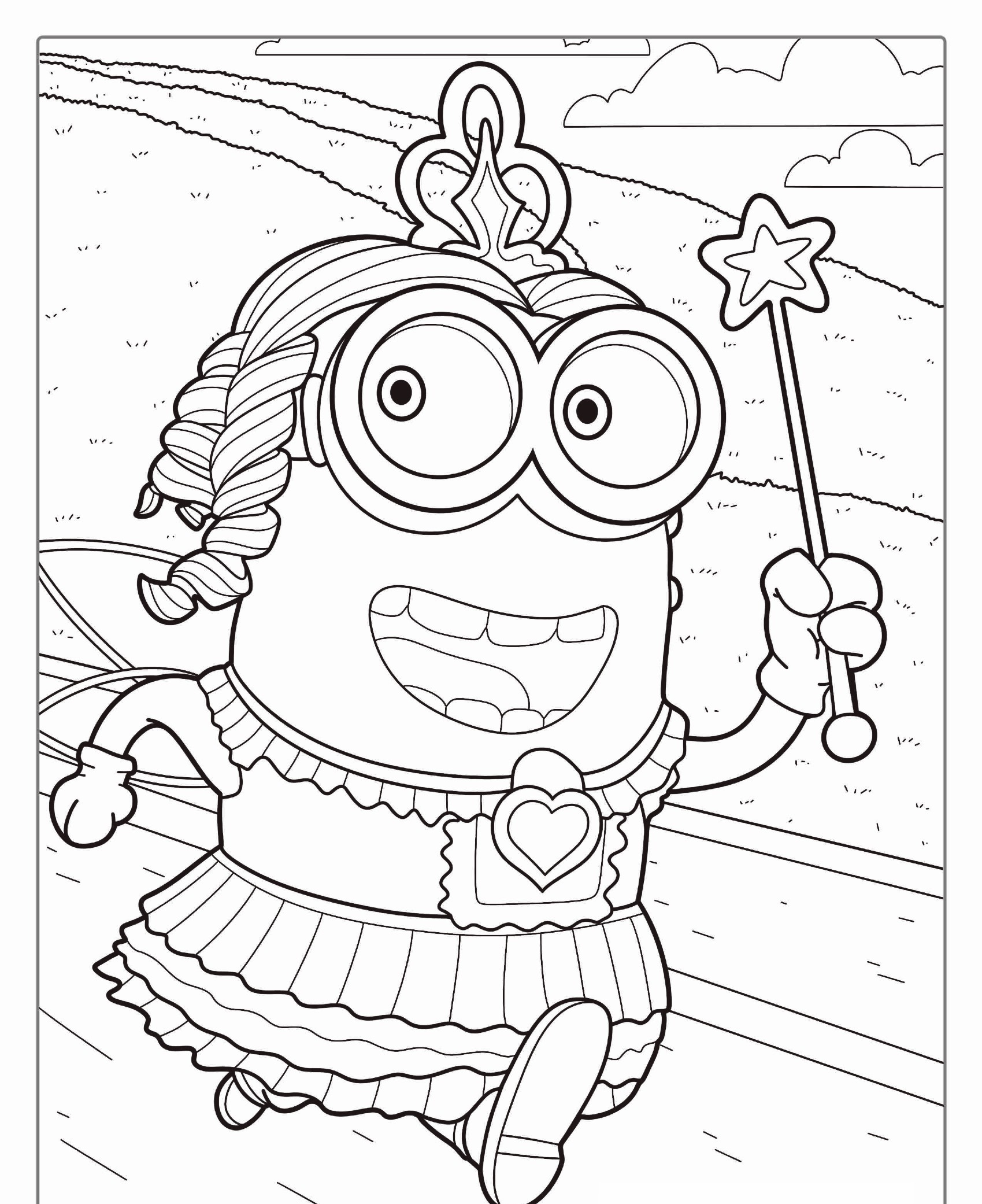 Uma personagem de desenho animado vestida como uma princesa das fadas segura uma varinha de condão enquanto corre em uma estrada com colinas ao fundo, lembrando as aventuras do Desenho Minions. Para colorir.