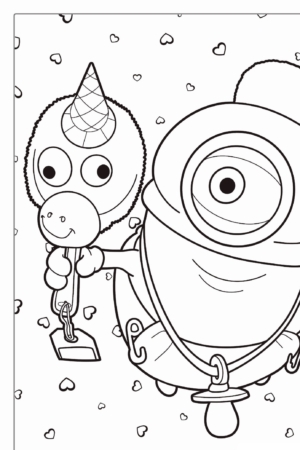 Um desenho animado do Minion segurando um unicórnio de pelúcia com uma pá, cercado por pequenos corações, para colorir. Para colorir.