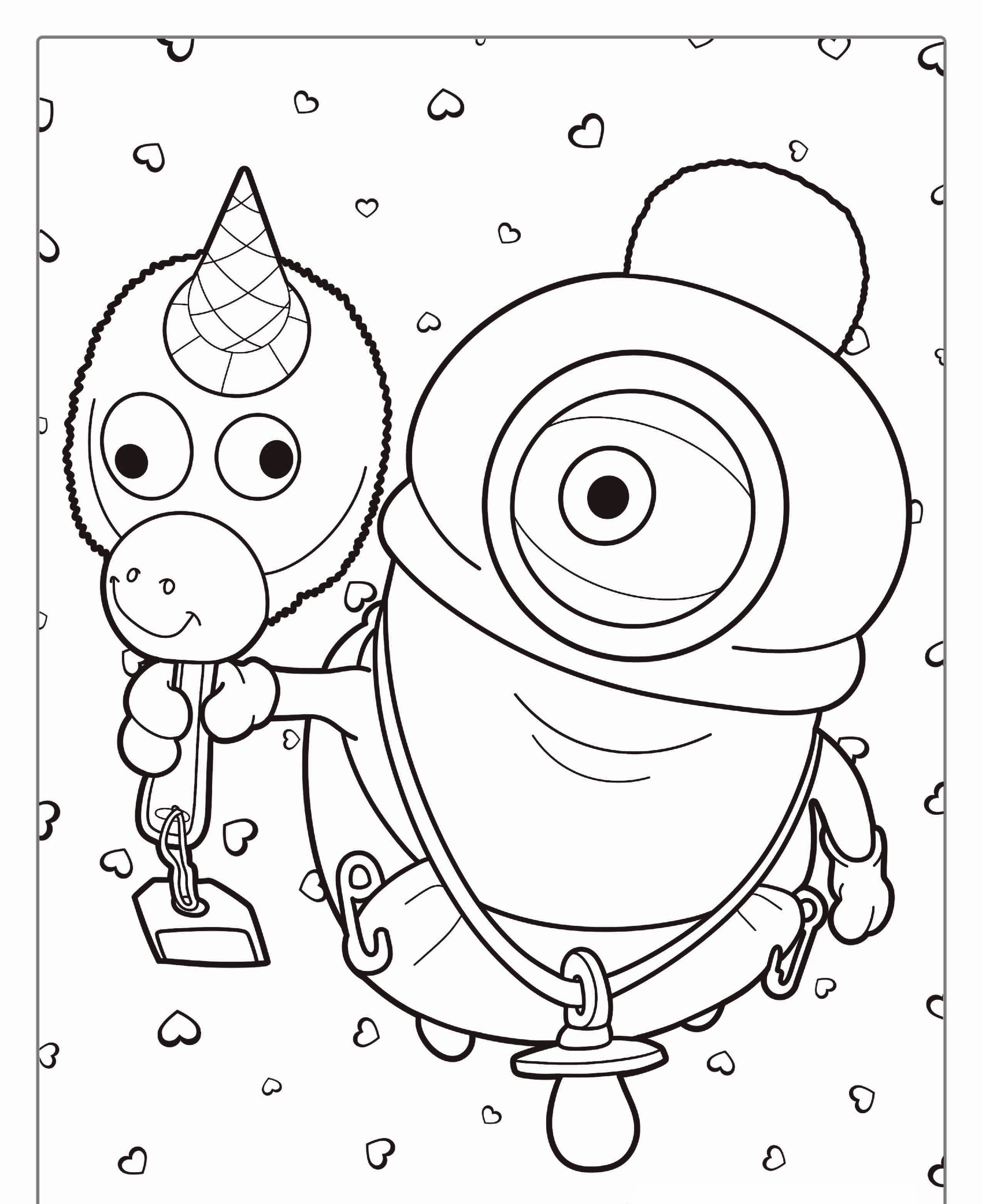 Um desenho animado do Minion segurando um unicórnio de pelúcia com uma pá, cercado por pequenos corações, para colorir. Para colorir.