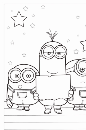 Três minions de desenho animado segurando uma placa em branco, com estrelas ao fundo, perfeitas para colorir. Para colorir.