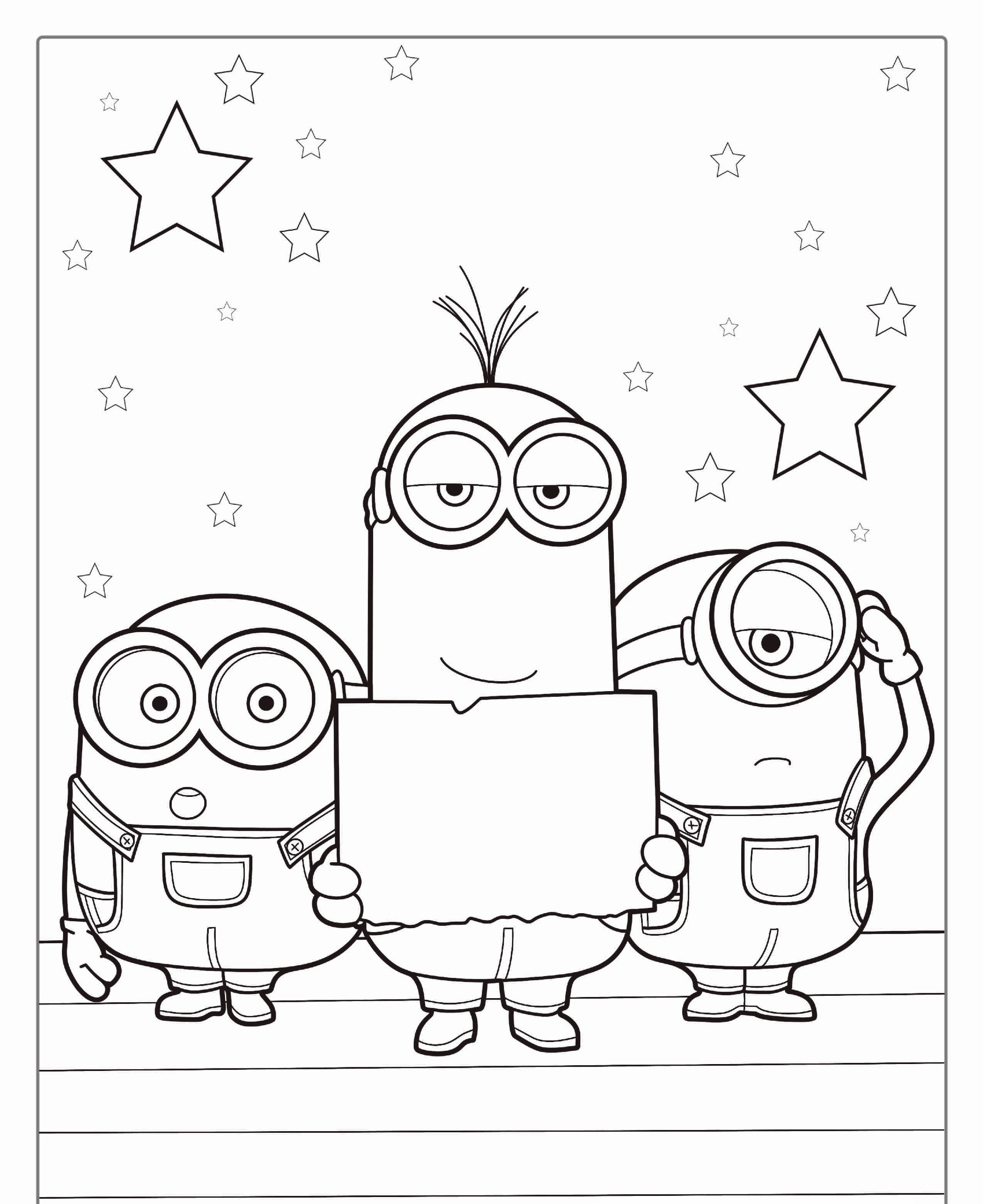 Três minions de desenho animado segurando uma placa em branco, com estrelas ao fundo, perfeitas para colorir. Para colorir.