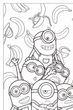 Cinco Minions de desenho animado com óculos e macacões, cercados por bananas em um fundo divertido. Para colorir.