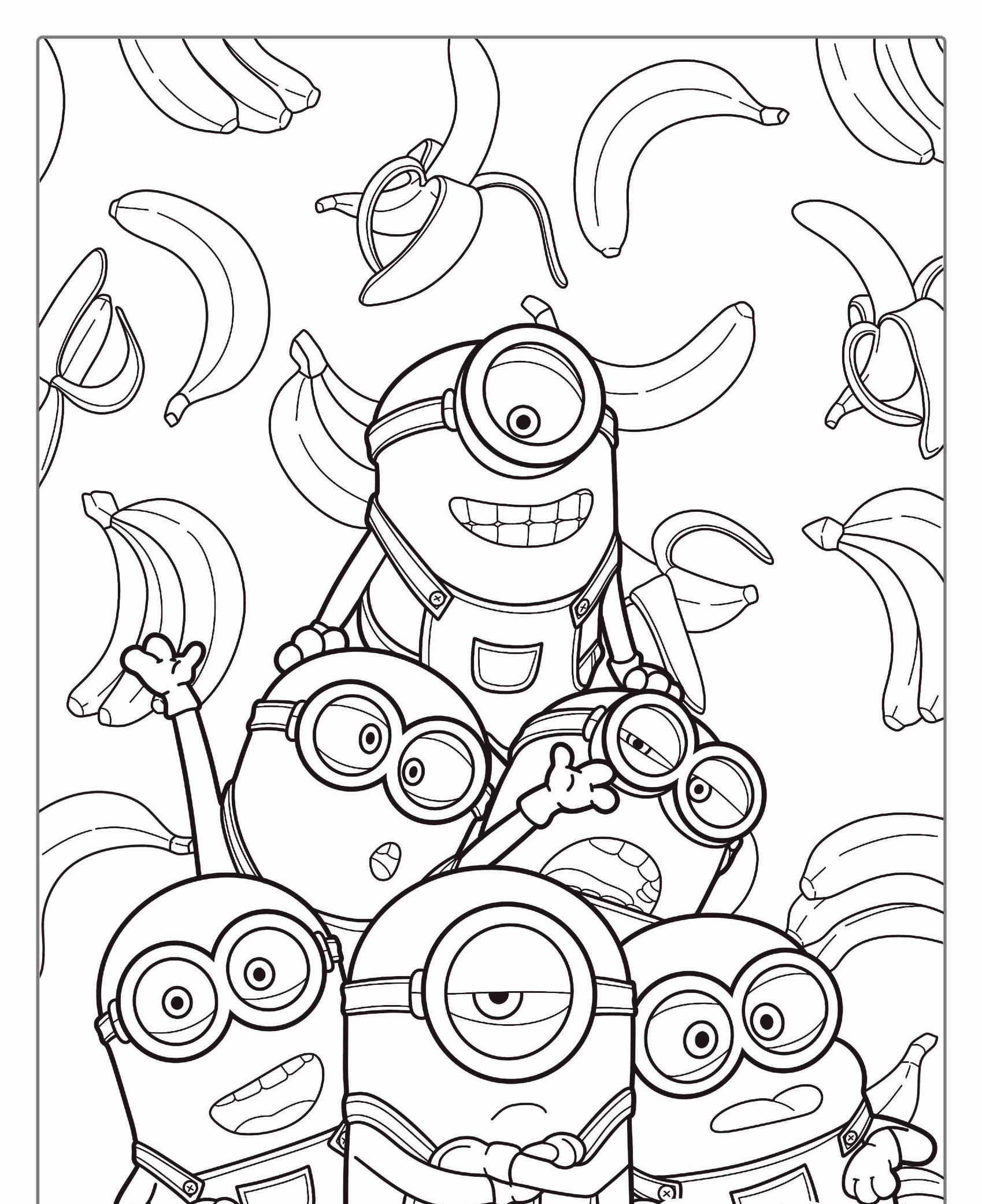 Cinco Minions de desenho animado com óculos e macacões, cercados por bananas em um fundo divertido. Para colorir.