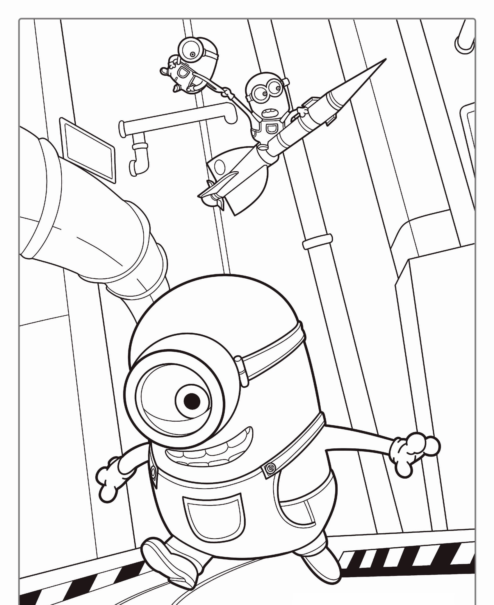 Três Minions em uma cena divertida: um correndo, outro voando com um jetpack e o terceiro sendo levantado pelo Minion voador. Perfeito para um "Desenho Para Colorir", é cheio de diversão e ação! Para colorir.