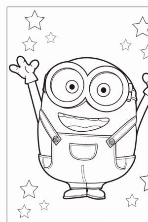 Um personagem de desenho animado com óculos e macacão, braços levantados, está em meio às estrelas em uma página para colorir intitulada "Minions Para Colorir". Para colorir.