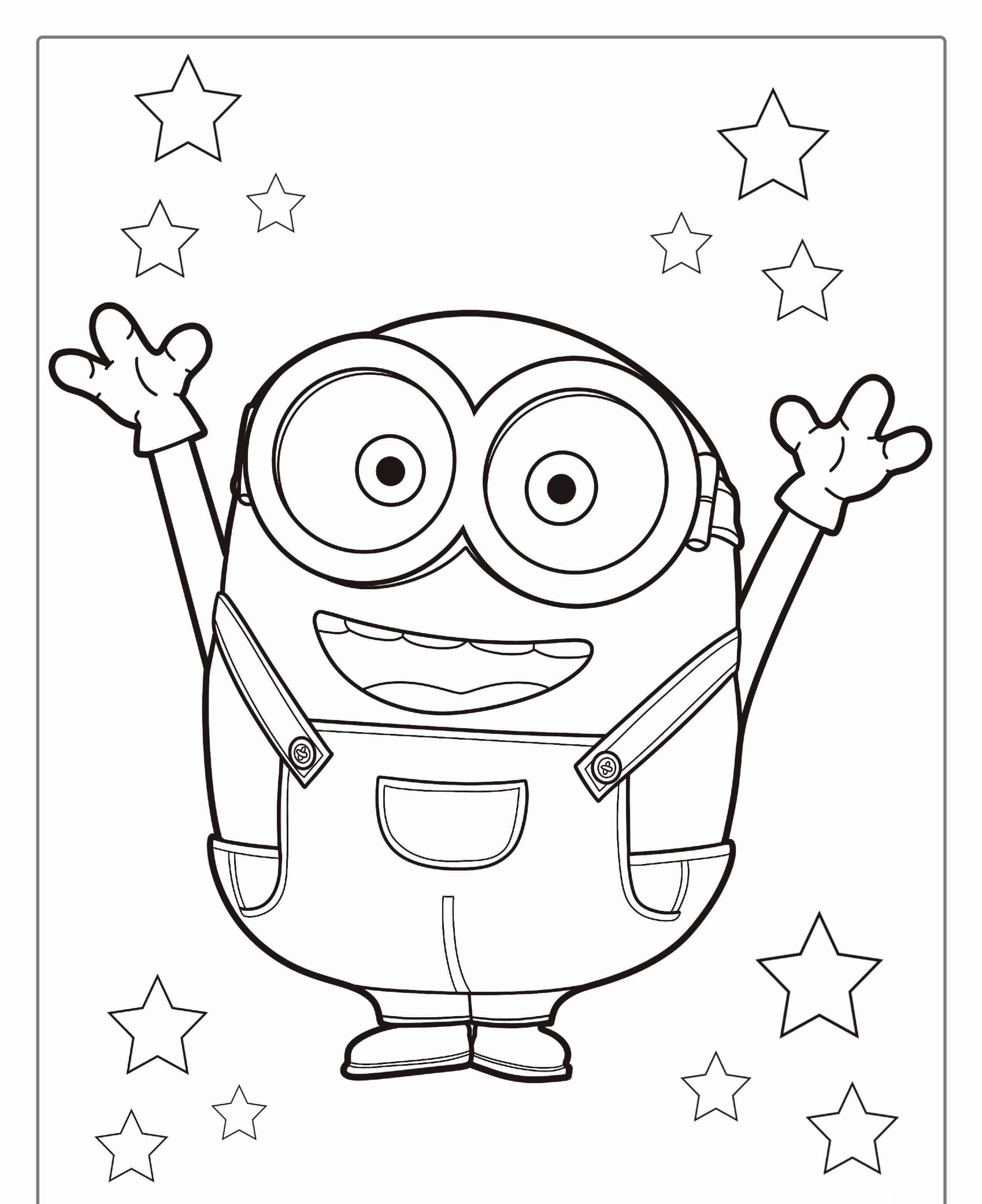 Um personagem de desenho animado com óculos e macacão, braços levantados, está em meio às estrelas em uma página para colorir intitulada "Minions Para Colorir". Para colorir.