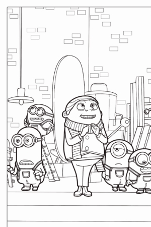 Uma mulher está sorrindo entre cinco personagens pequenos e redondos, de macacão e óculos de proteção, em um ambiente industrial, que lembra um *Desenho Minions Para Colorir*. Para colorir.