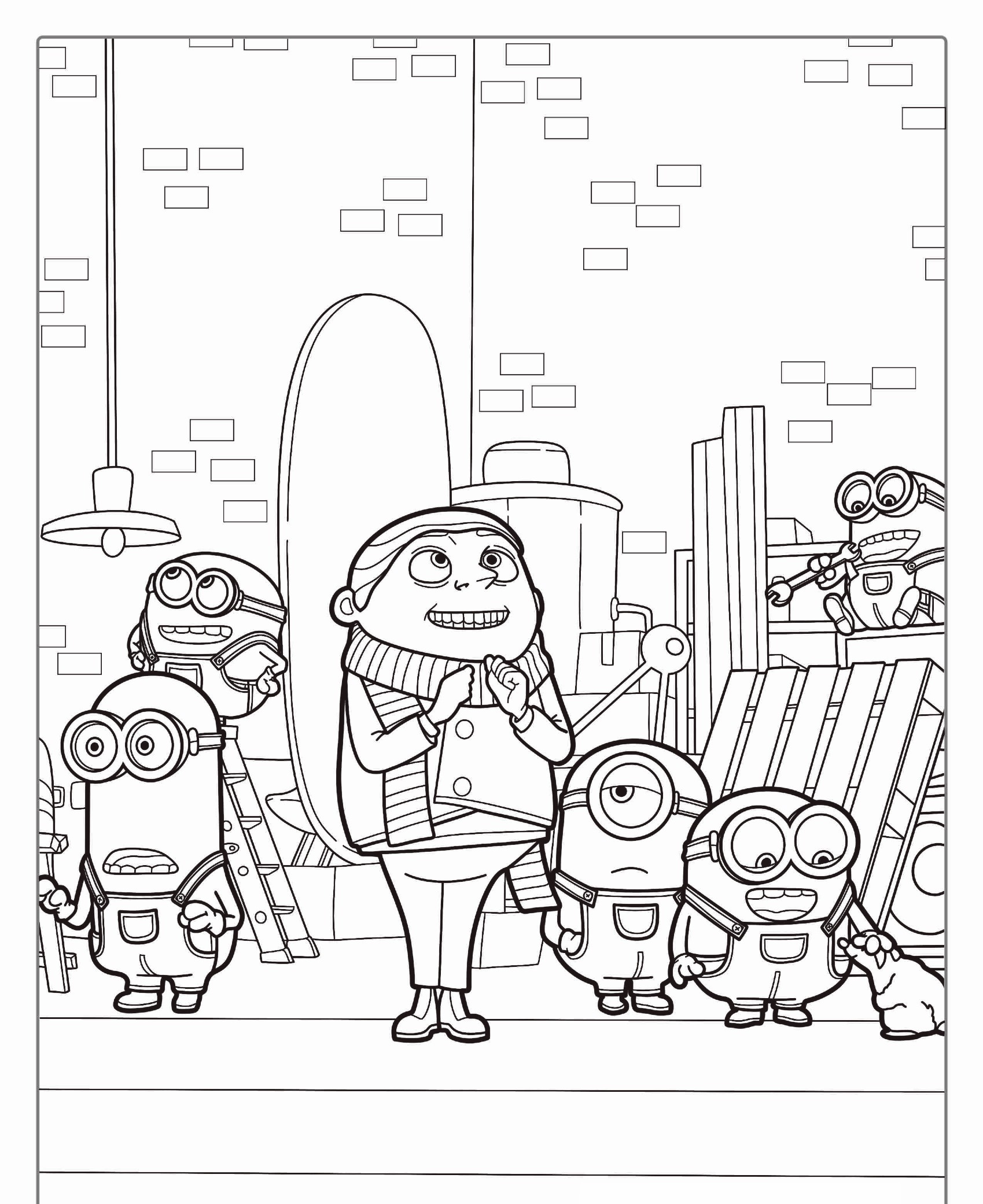 Uma mulher está sorrindo entre cinco personagens pequenos e redondos, de macacão e óculos de proteção, em um ambiente industrial, que lembra um *Desenho Minions Para Colorir*. Para colorir.