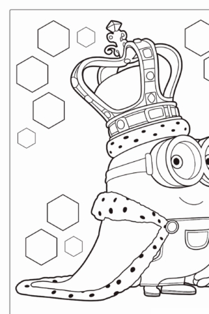 Um personagem de desenho animado com óculos, parecido com os Minions, usa uma coroa e um manto real, em um cenário de formas hexagonais, perfeito para qualquer "desenho para colorir". Para colorir.